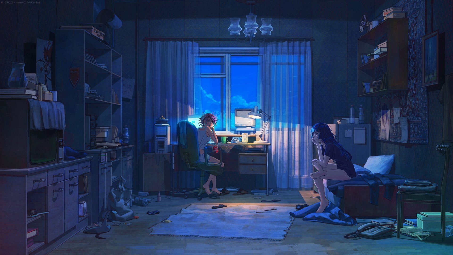 Anime 1920x1080 artwork room night looking at viewer interior lamp
