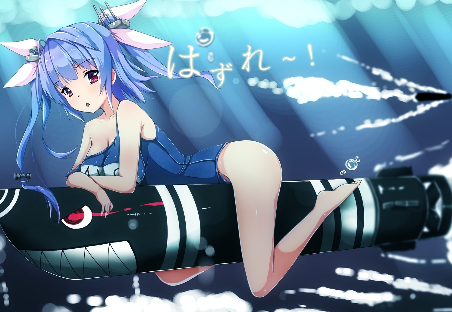 Anime 1500x1037 anime girls redhead blue hair legs boobs big boobs torpedo barefoot anime Kantai Collection school swimsuits ecchi red eyes looking at viewer I-19 (KanColle)  Erimu