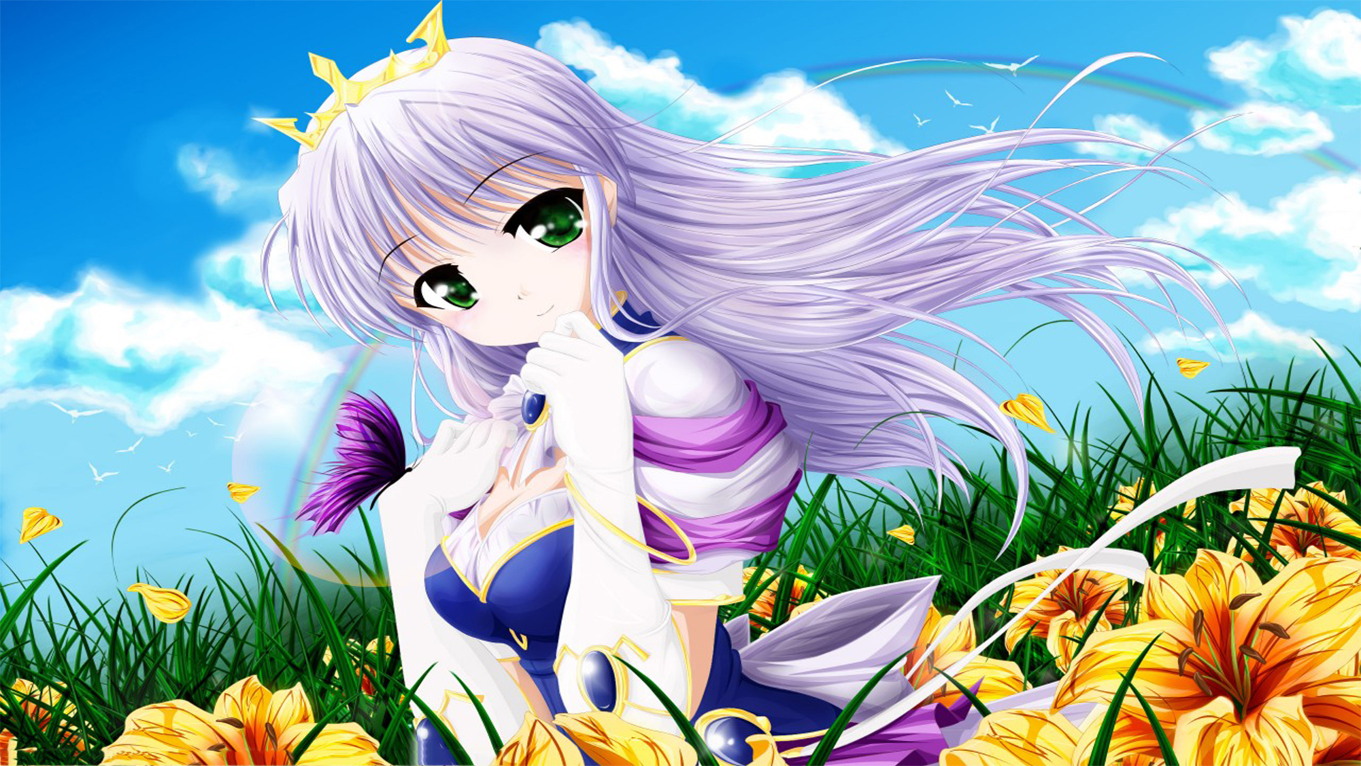 Anime 1920x1080 manga anime girls anime green eyes crown purple hair flowers outdoors long hair women field plants yellow flowers windy sky women outdoors looking at viewer smiling