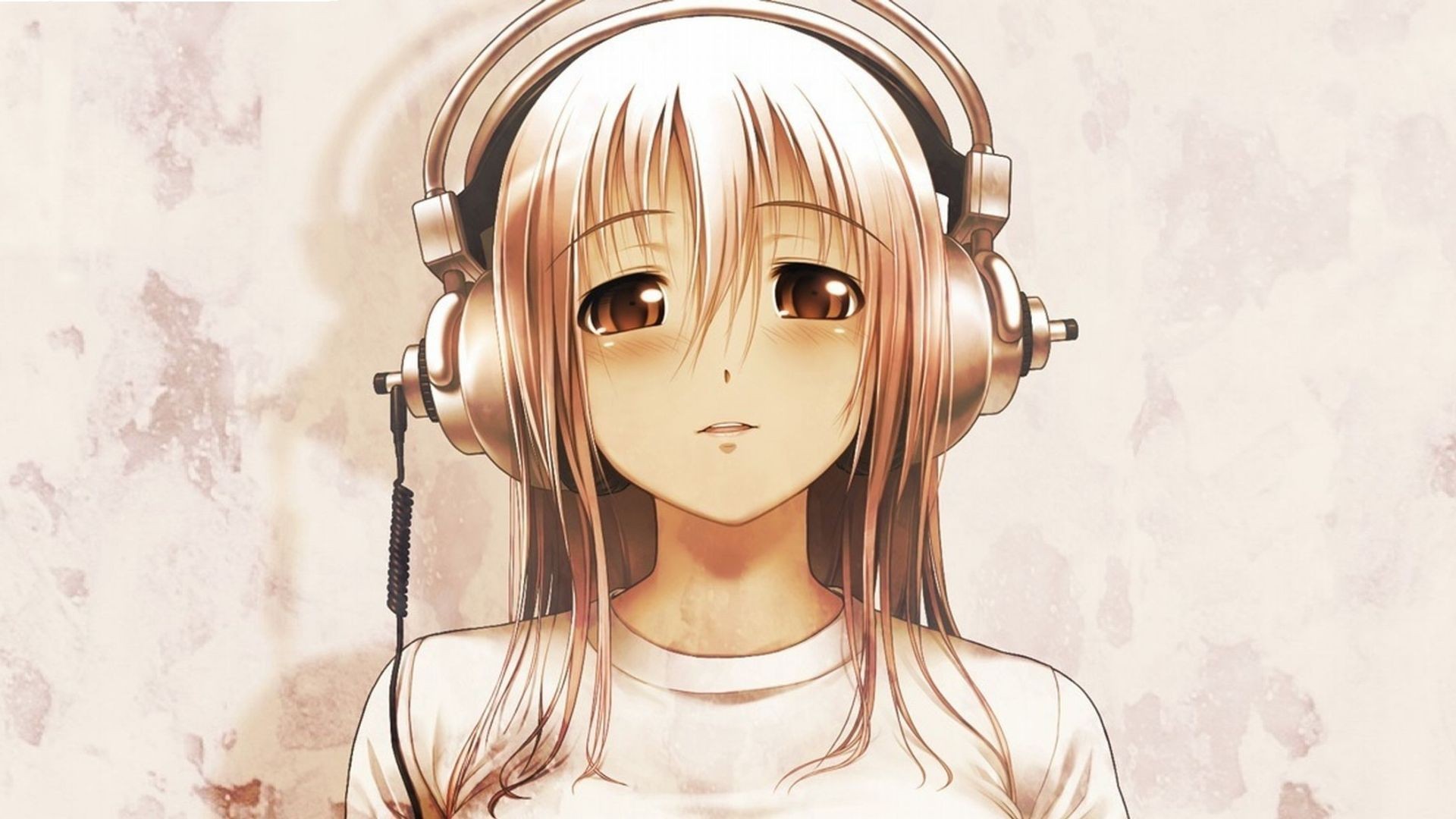 Anime 1920x1080 Super Sonico anime anime girls headphones sepia brown eyes face simple background