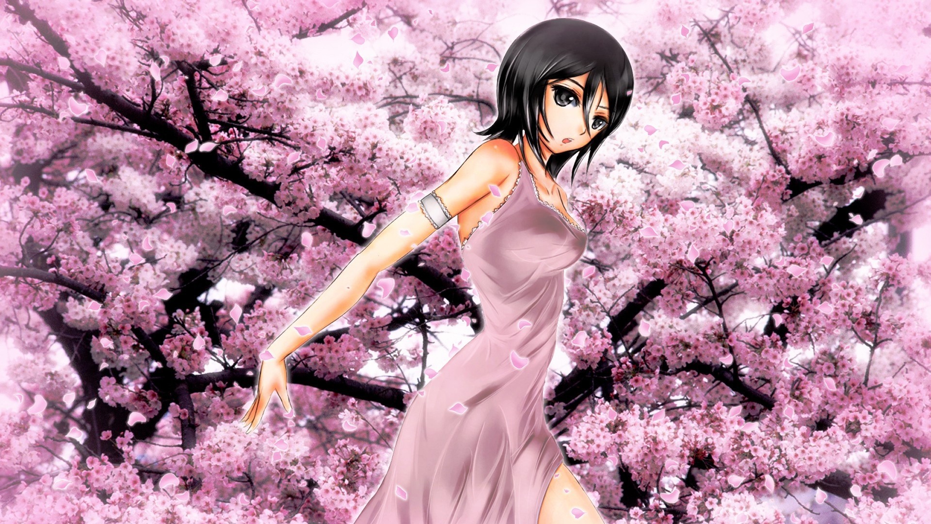 Anime 1920x1080 anime Kuchiki Rukia Bleach cherry blossom anime girls dark hair dress black eyes women women outdoors trees plants dark eyes open mouth