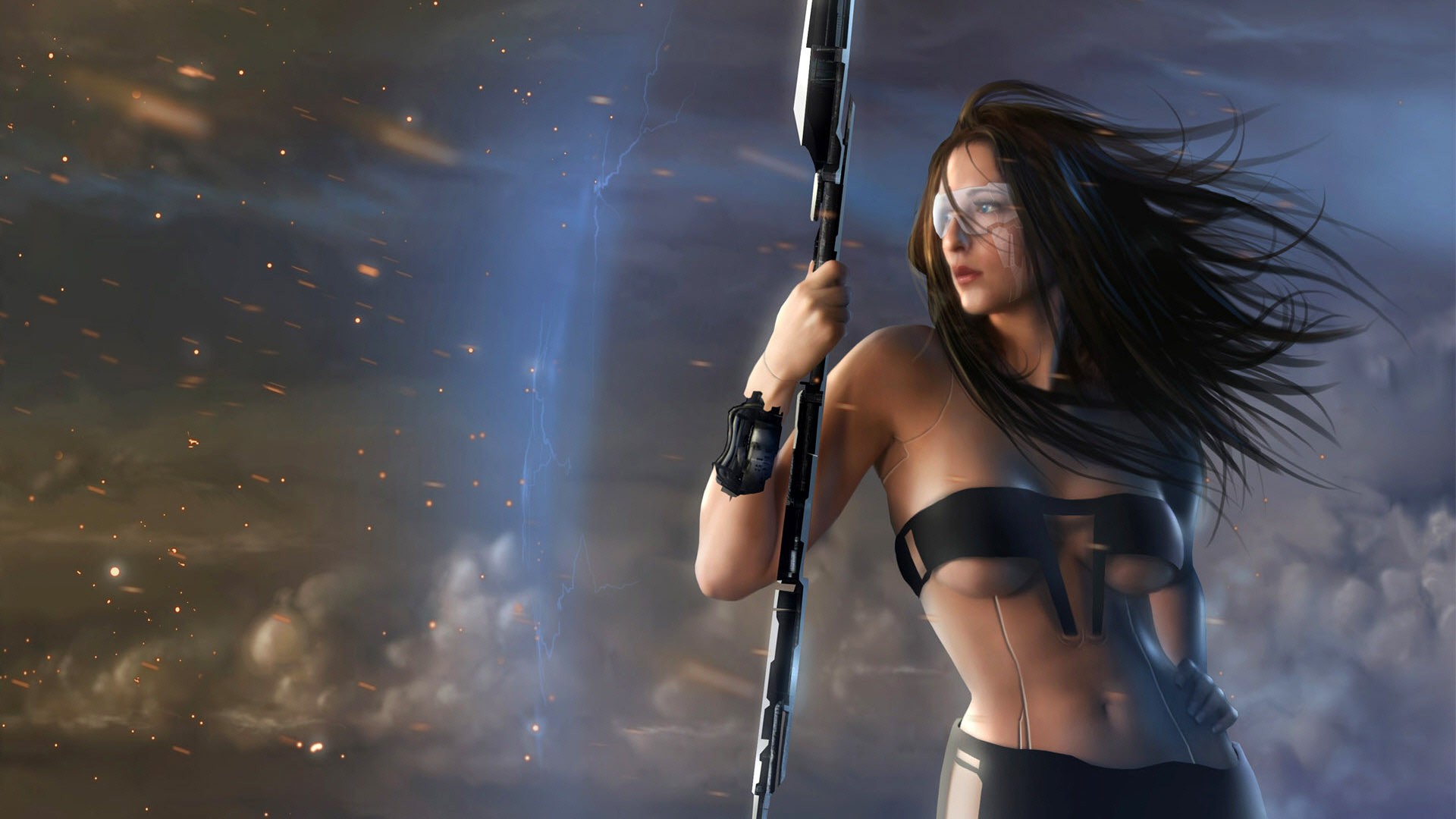General 1920x1080 fantasy girl boobs fantasy art belly sky storm dark hair long hair standing spear