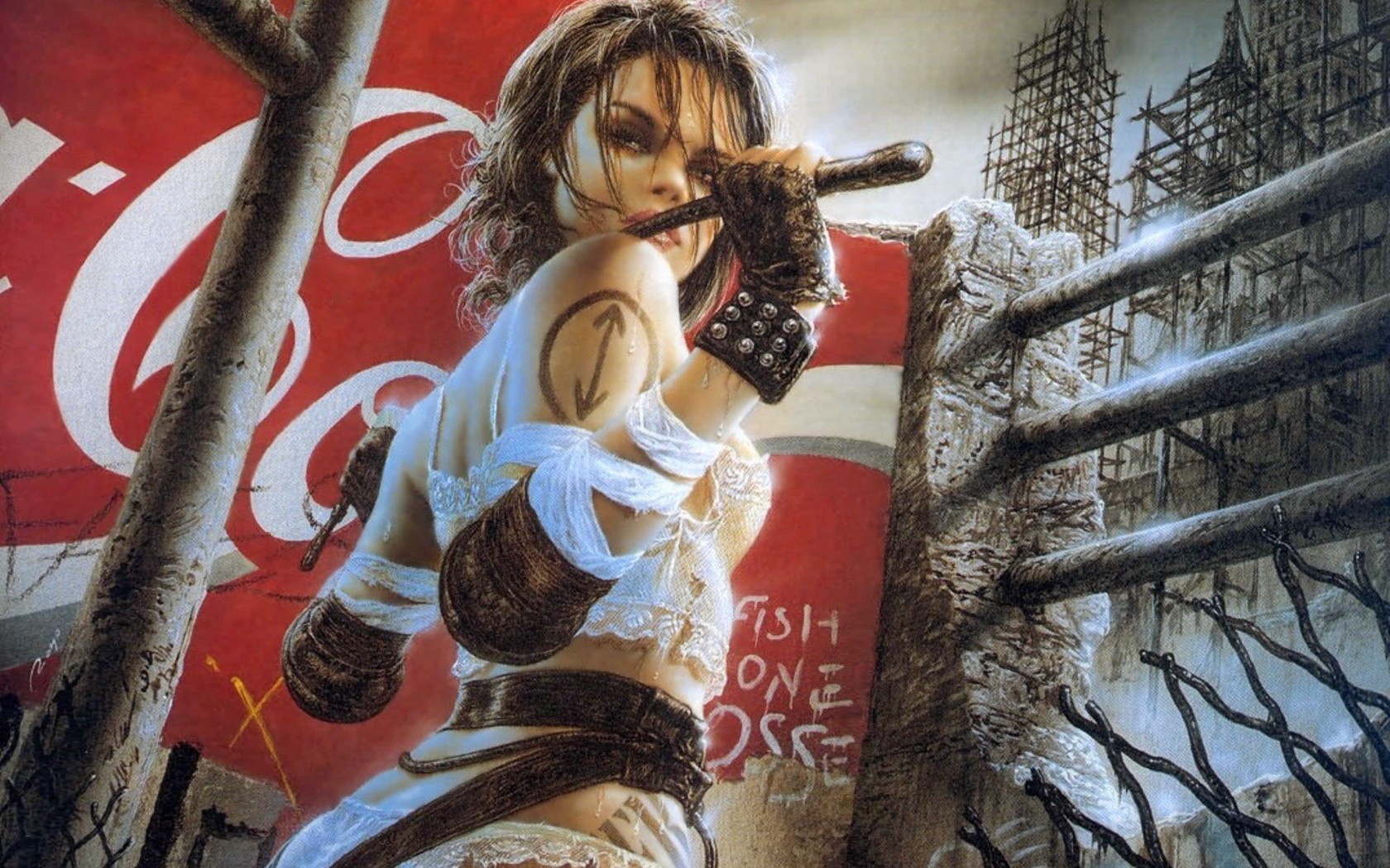 General 1680x1050 Luis Royo fantasy girl tattoo Coca-Cola graffiti fantasy art brunette inked girls women gloves
