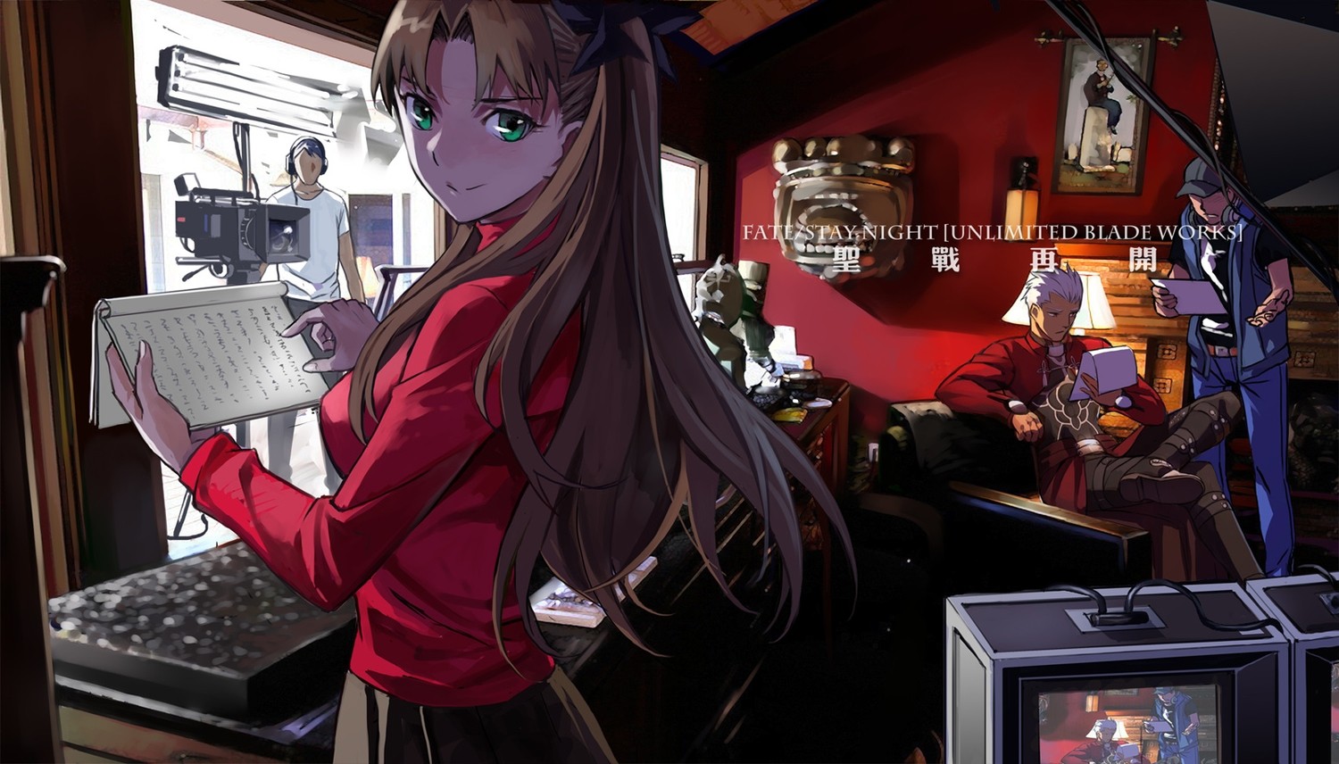 Anime 1500x856 anime anime girls Tohsaka Rin Archer (Fate/Stay Night) Fate series women indoors anime boys brunette long hair looking at viewer green eyes