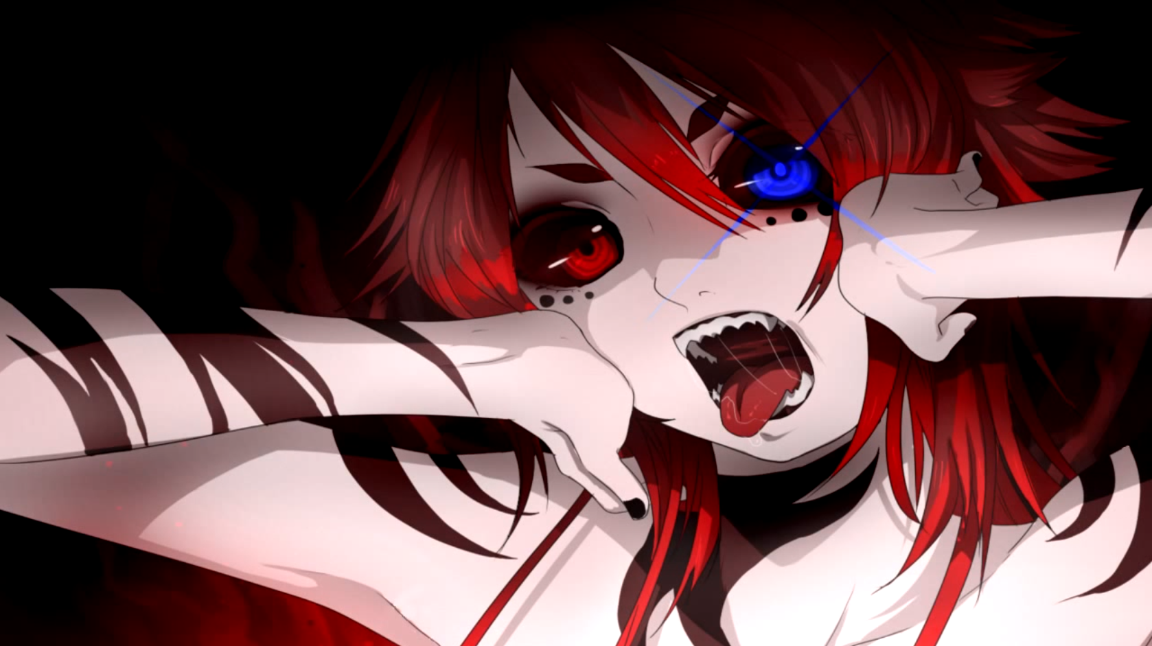 Anime 1678x941 heterochromia redhead anime anime girls original characters red eyes blue eyes tongue out red women open mouth teeth