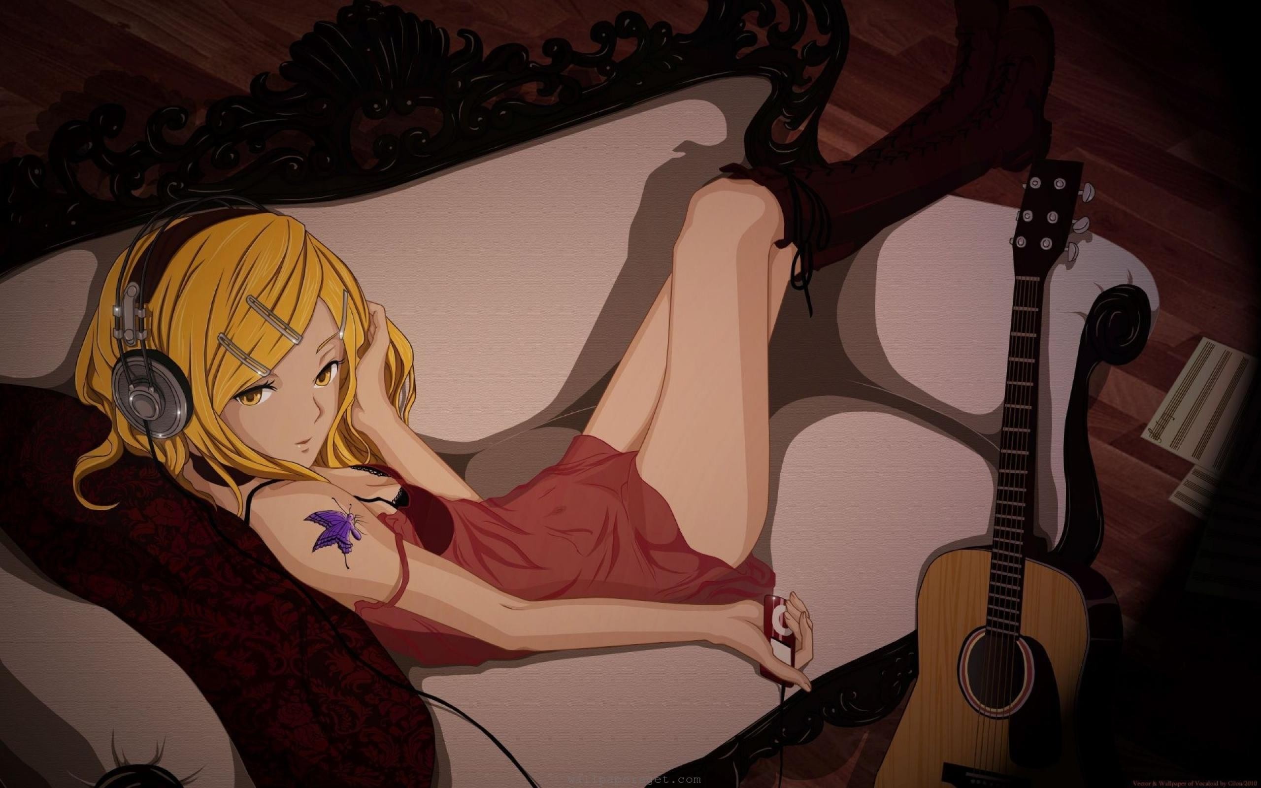 Anime 2560x1600 manga guitar headphones musical instrument legs women indoors indoors anime anime girls blonde lying on back couch