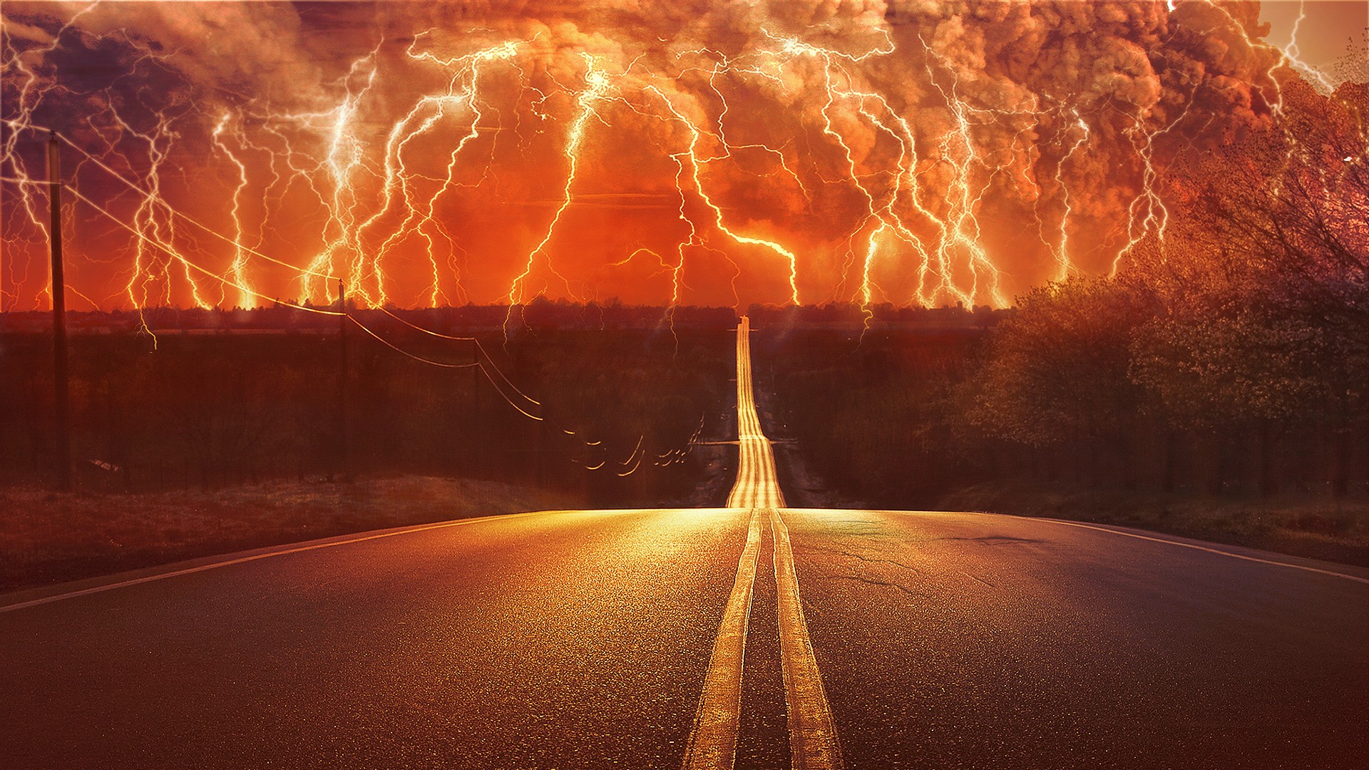 General 1920x1080 road lightning storm digital art asphalt sky long road