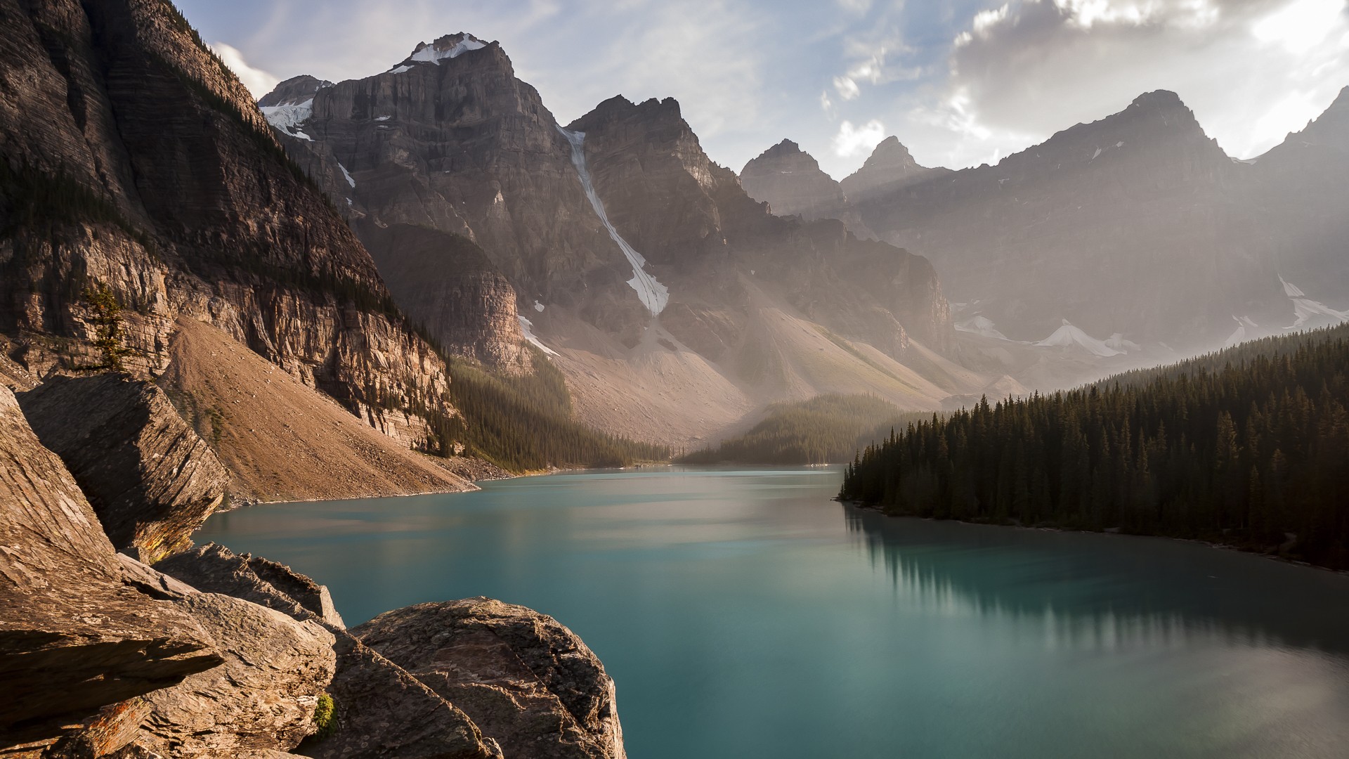 General 1920x1080 nature mountains lake landscape trees forest snow Moraine Lake Canada Banff National Park water reflection sunlight sky clouds