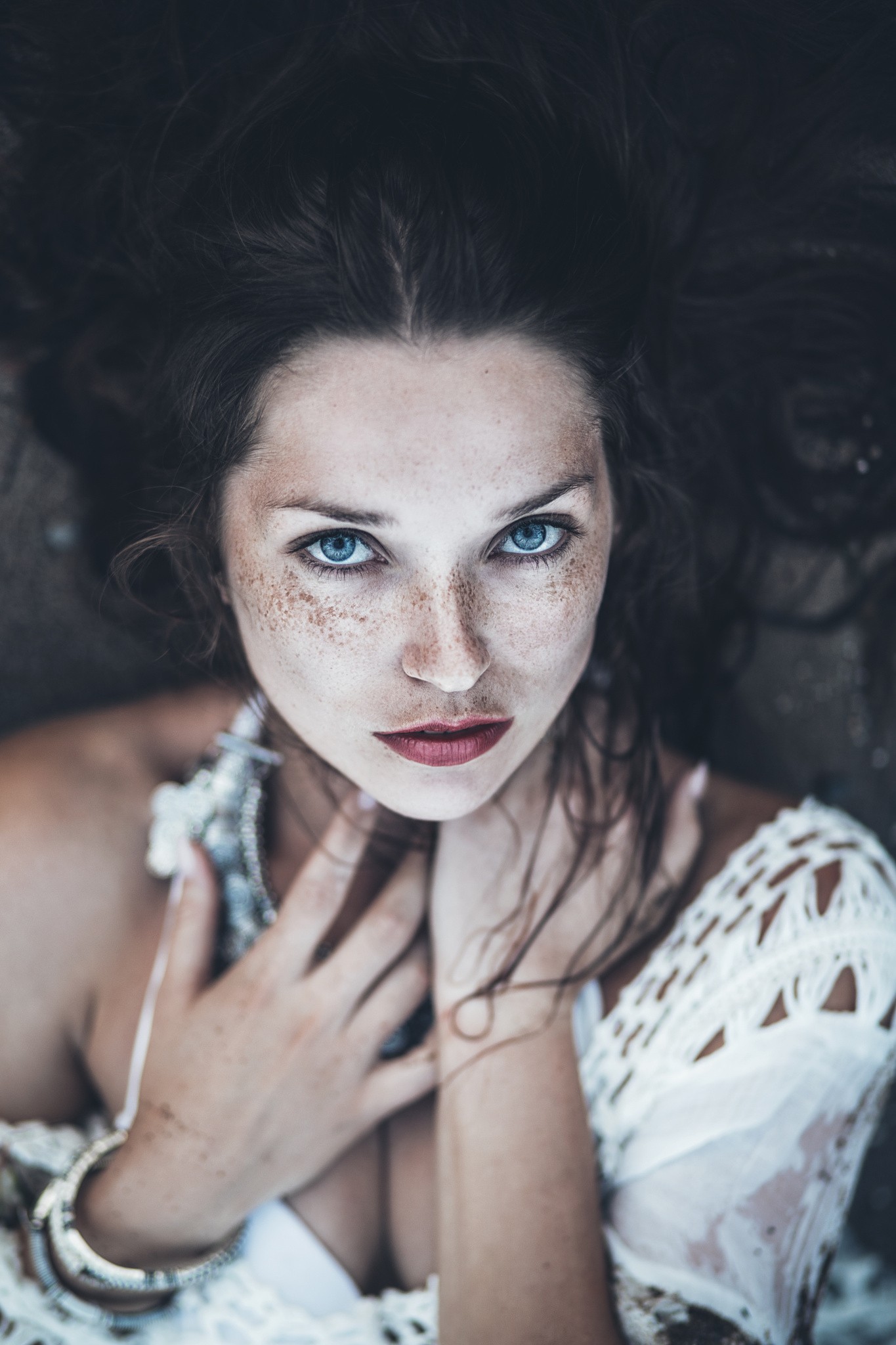 People 1365x2048 women blue eyes freckles brunette face looking at viewer hands pale closeup portrait display