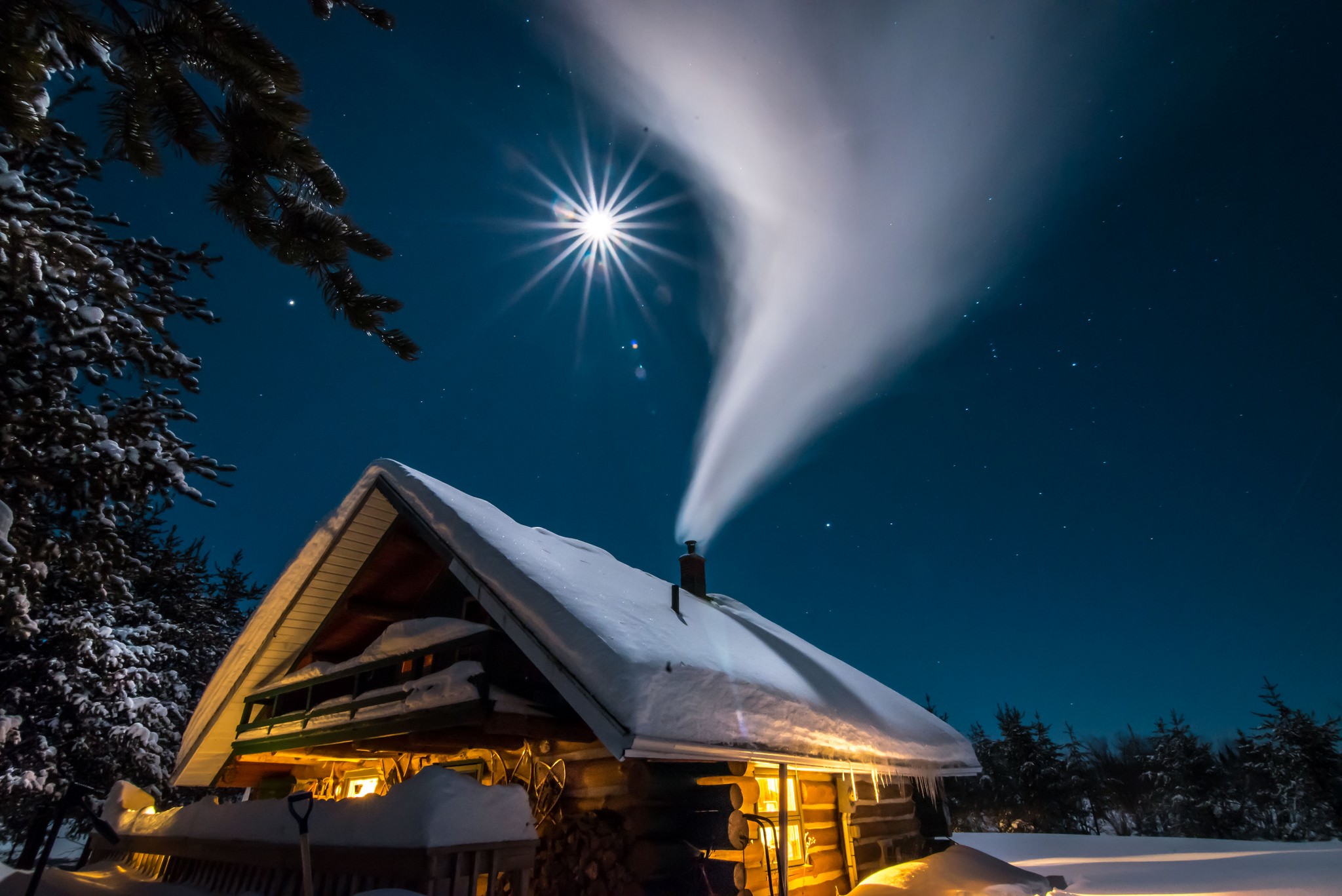 General 2048x1367 night sky winter house snow stars hut