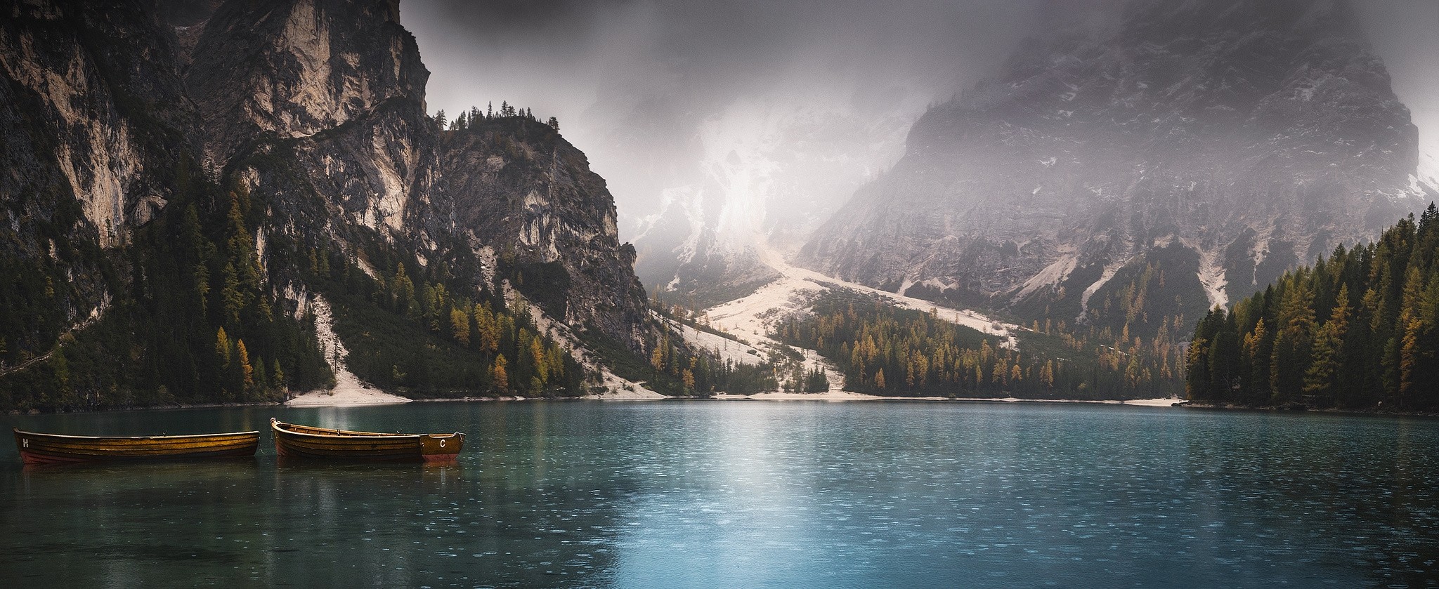 General 2048x839 nature landscape panorama lake fall mountains boat rain mist forest pine trees Alps Pragser Wildsee water reflection clouds trees ultrawide