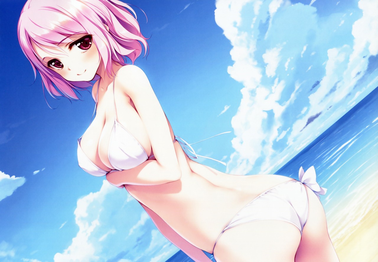 Anime 1280x890 anime manga ecchi bikini beach anime girls ke-ta Touhou Saigyouji Yuyuko pink hair purple eyes sky clouds women women outdoors outdoors ass