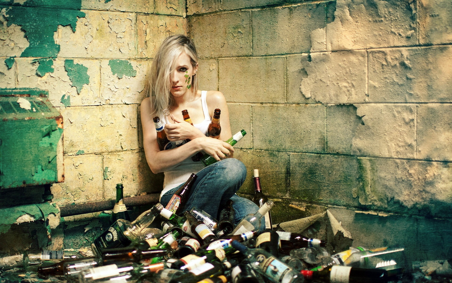 People 1920x1200 drunk alcohol model women drinking problems bottles hair in face looking at viewer