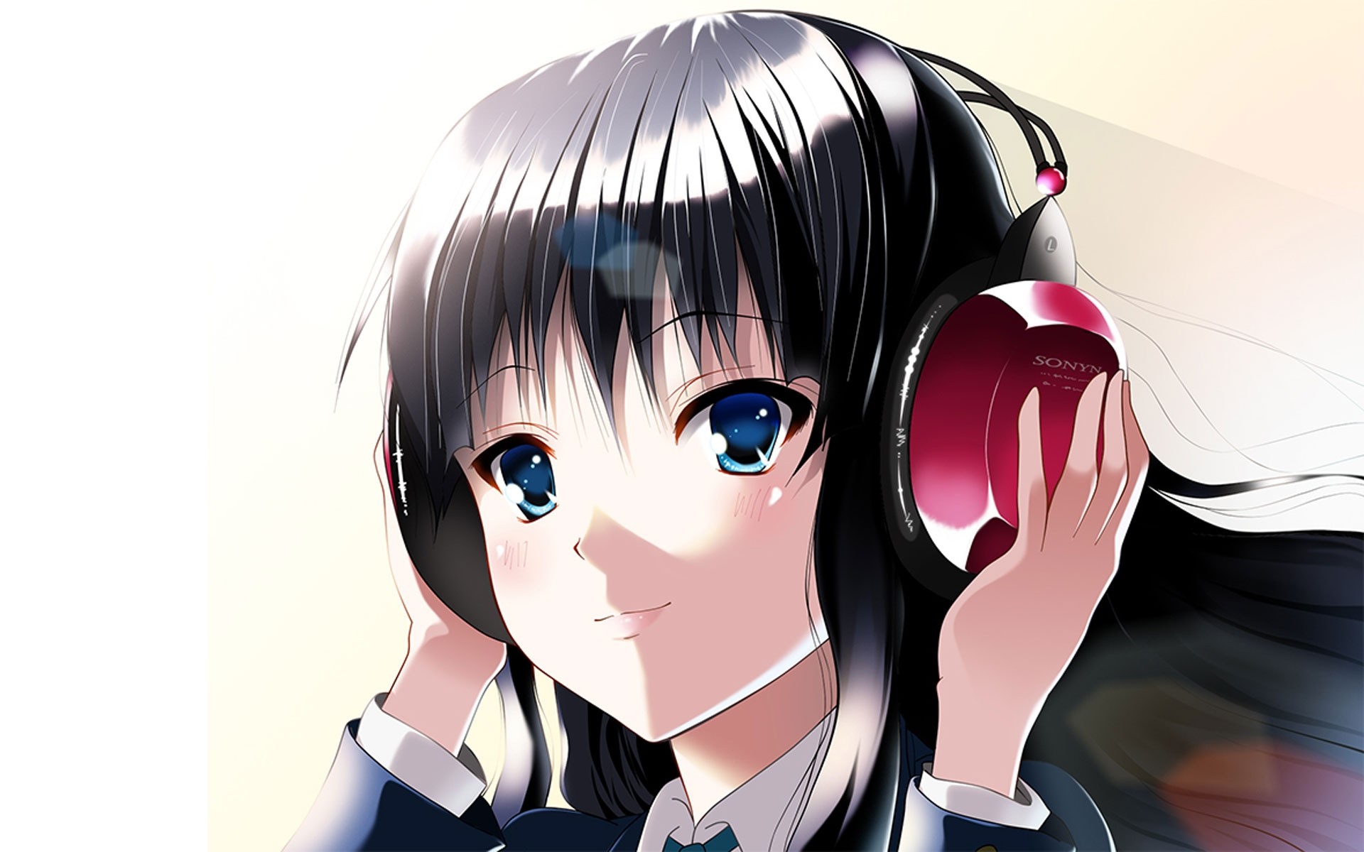 Anime 1920x1200 anime Akiyama Mio headphones K-ON! black hair blue eyes smiling face audio-technica closeup white background simple background