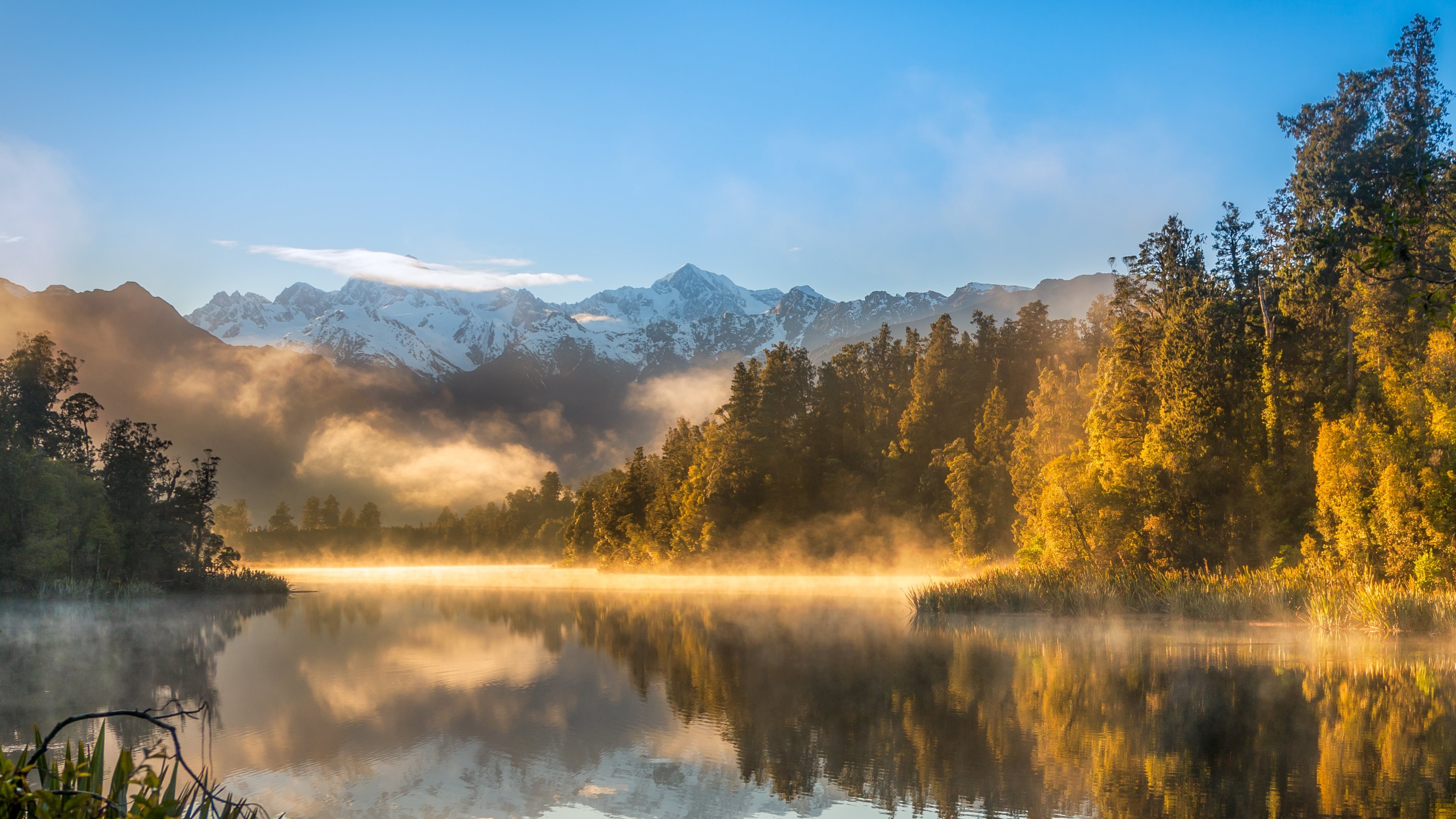 General 3840x2160 landscape lake New Zealand nature mountains snowy peak snowy mountain calm waters sunlight