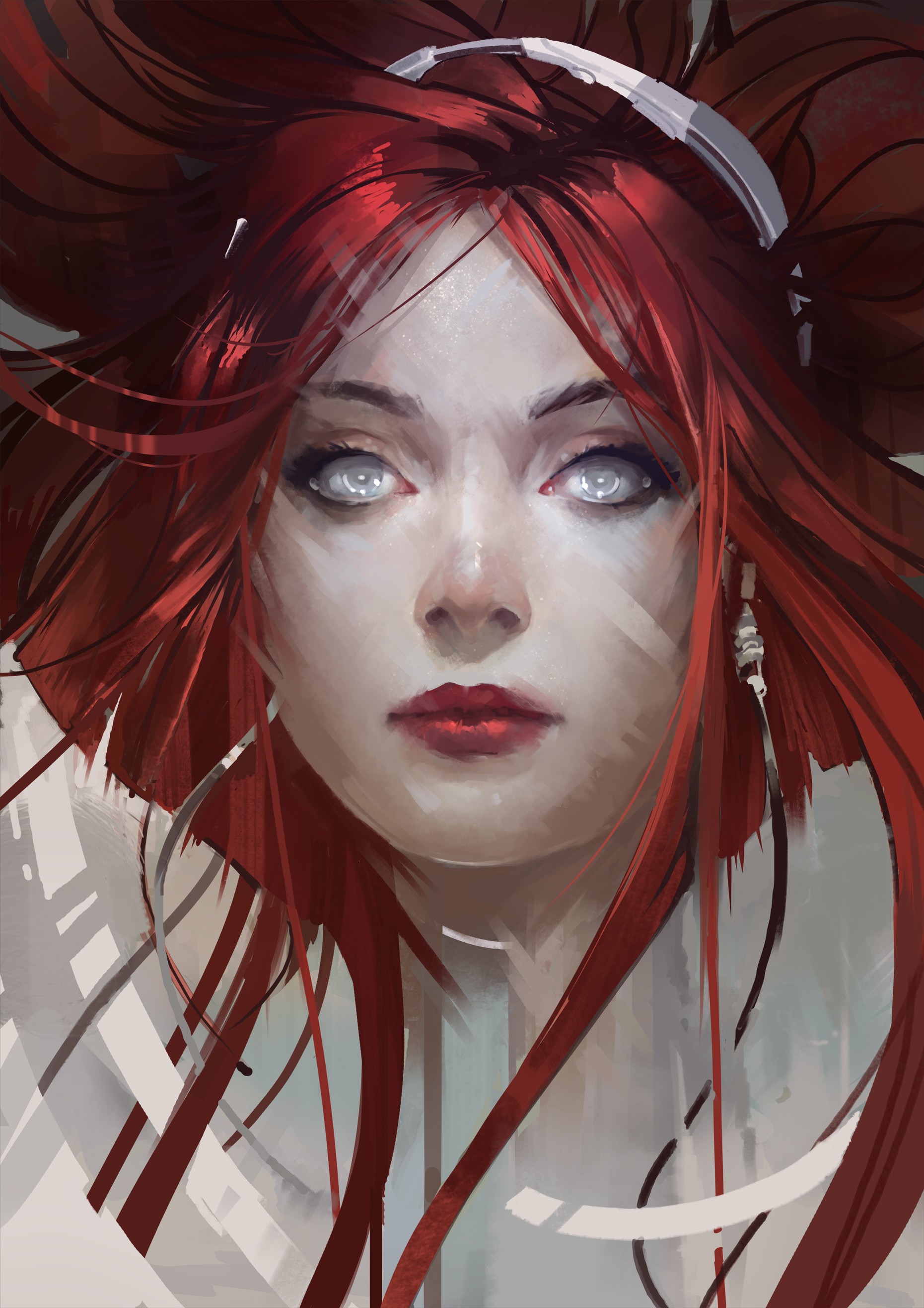 General 1861x2632 portrait artwork redhead gray eyes red lipstick headband closeup face long hair fantasy art fantasy girl
