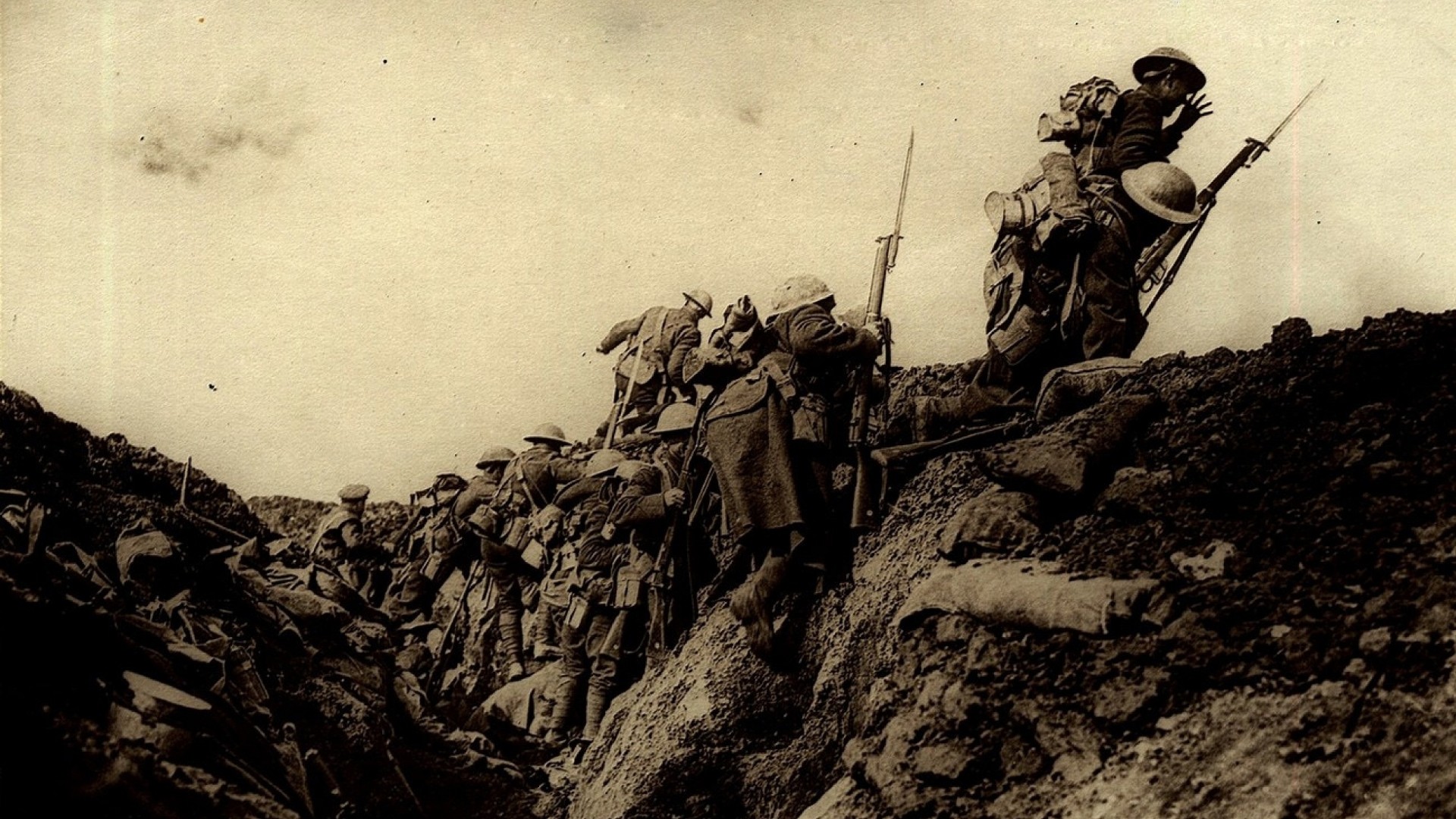 General 1920x1080 military World War I trenches British Army history war sepia