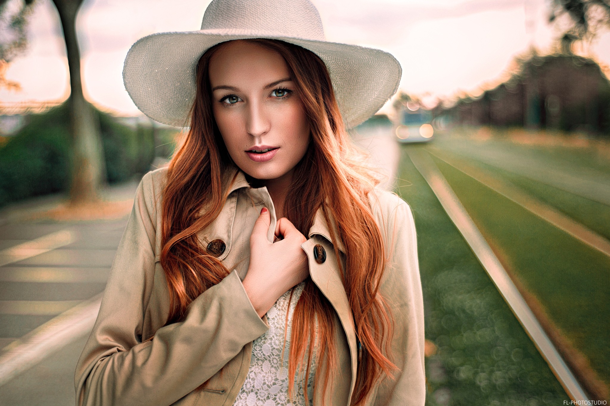 People 2048x1363 women photography redhead long hair wavy hair millinery hat trench coat white coat women outdoors women with hats looking at viewer railway urban Lods Franck
