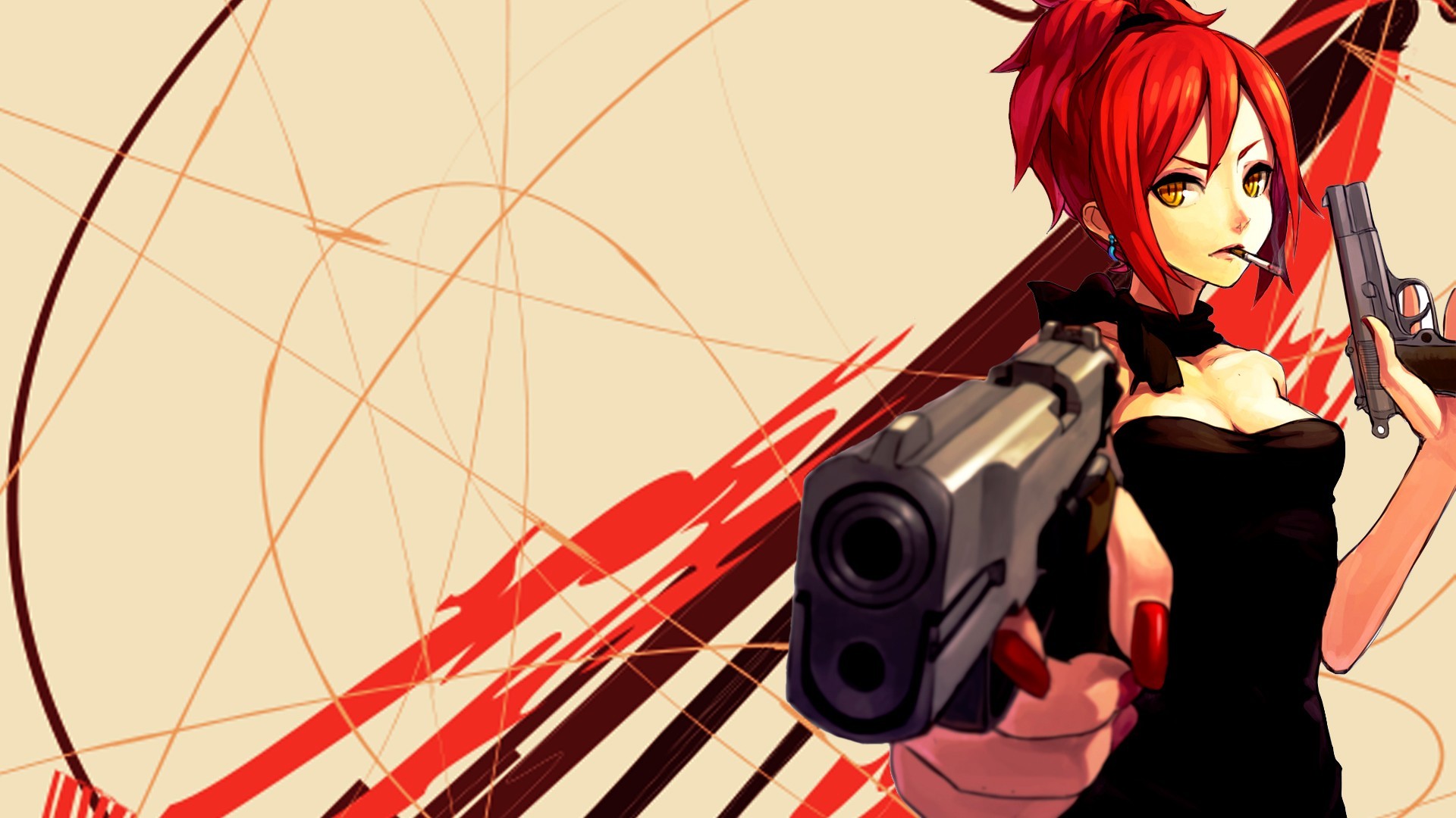 Anime 1920x1080 anime anime girls gun redhead pistol cigarettes smoking girls with guns aiming weapon looking at viewer women painted nails anime girls with guns
