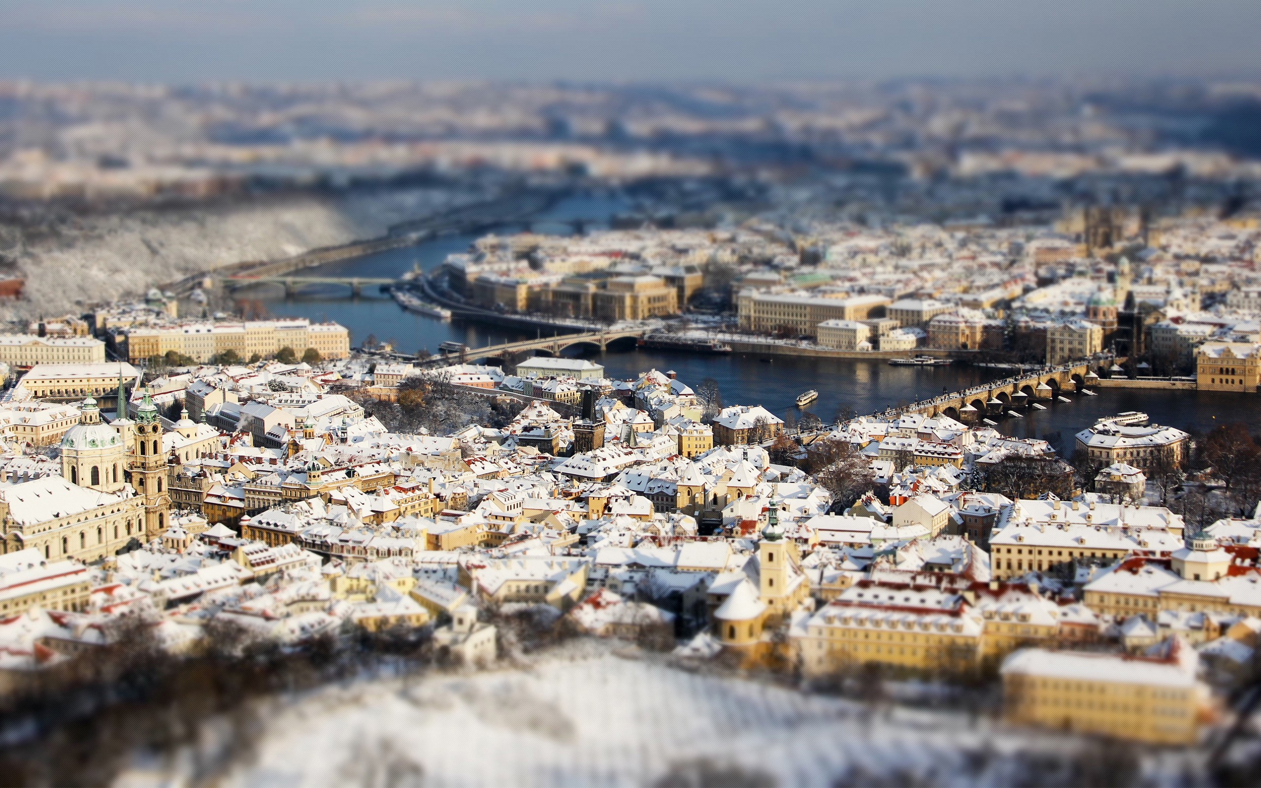 General 2560x1600 tilt shift Prague cityscape Czech Republic digital art city snow winter rooftops