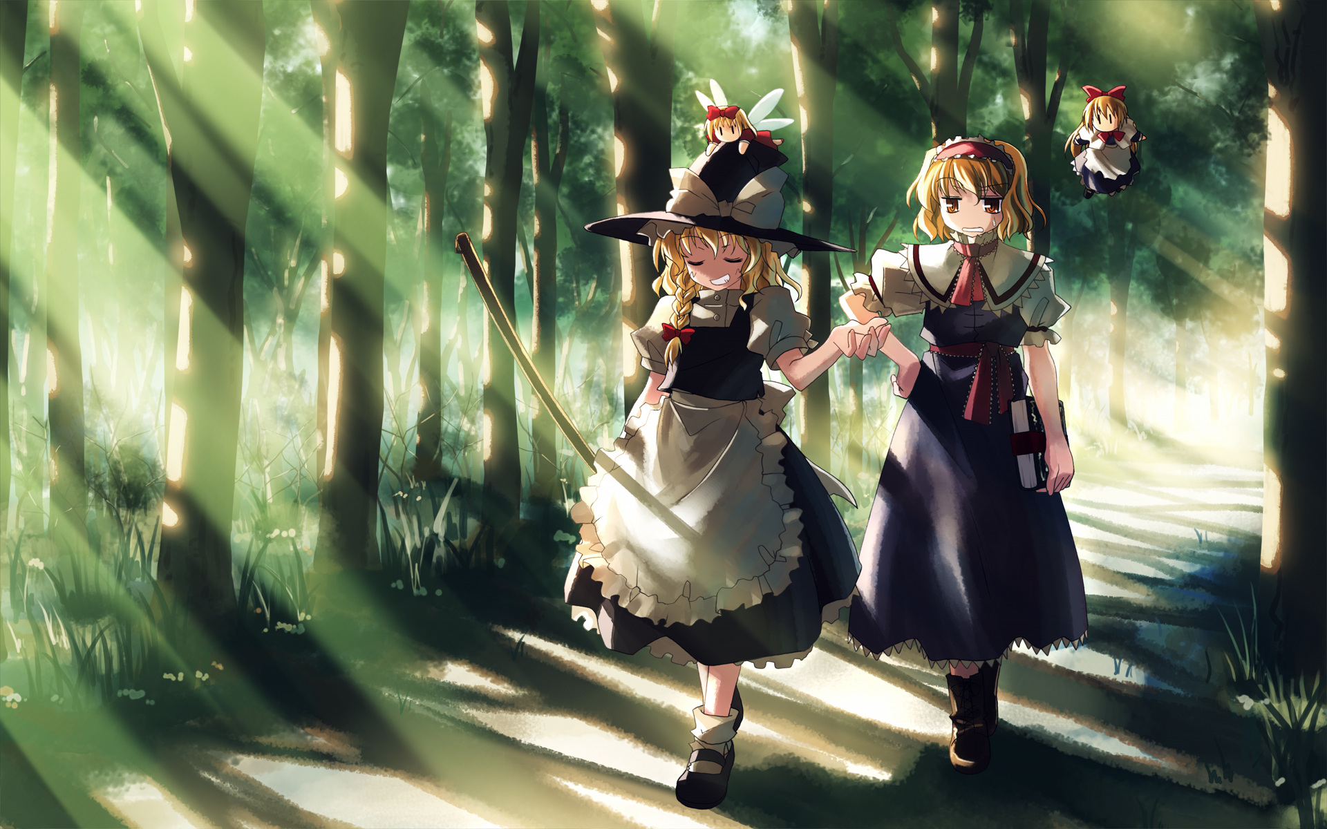 Anime 1920x1200 Touhou Kirisame Marisa Alice Margatroid anime girls anime two women outdoors trees dress sunlight