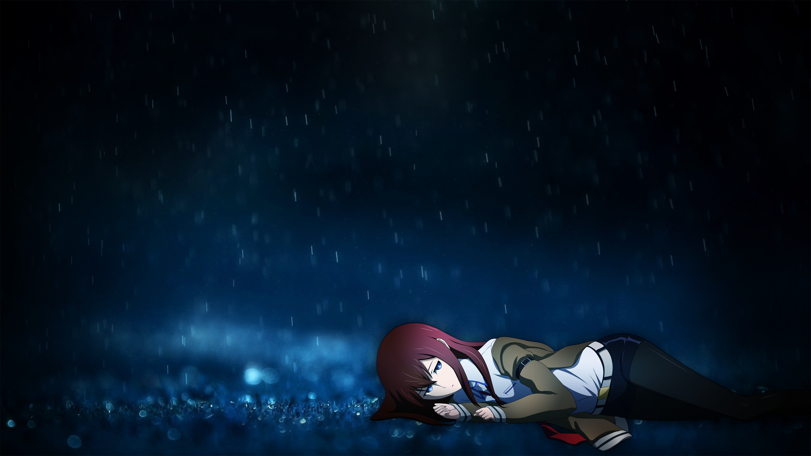 Anime 2844x1600 Steins;Gate Makise Kurisu anime girls rain anime lying down purple hair blue eyes