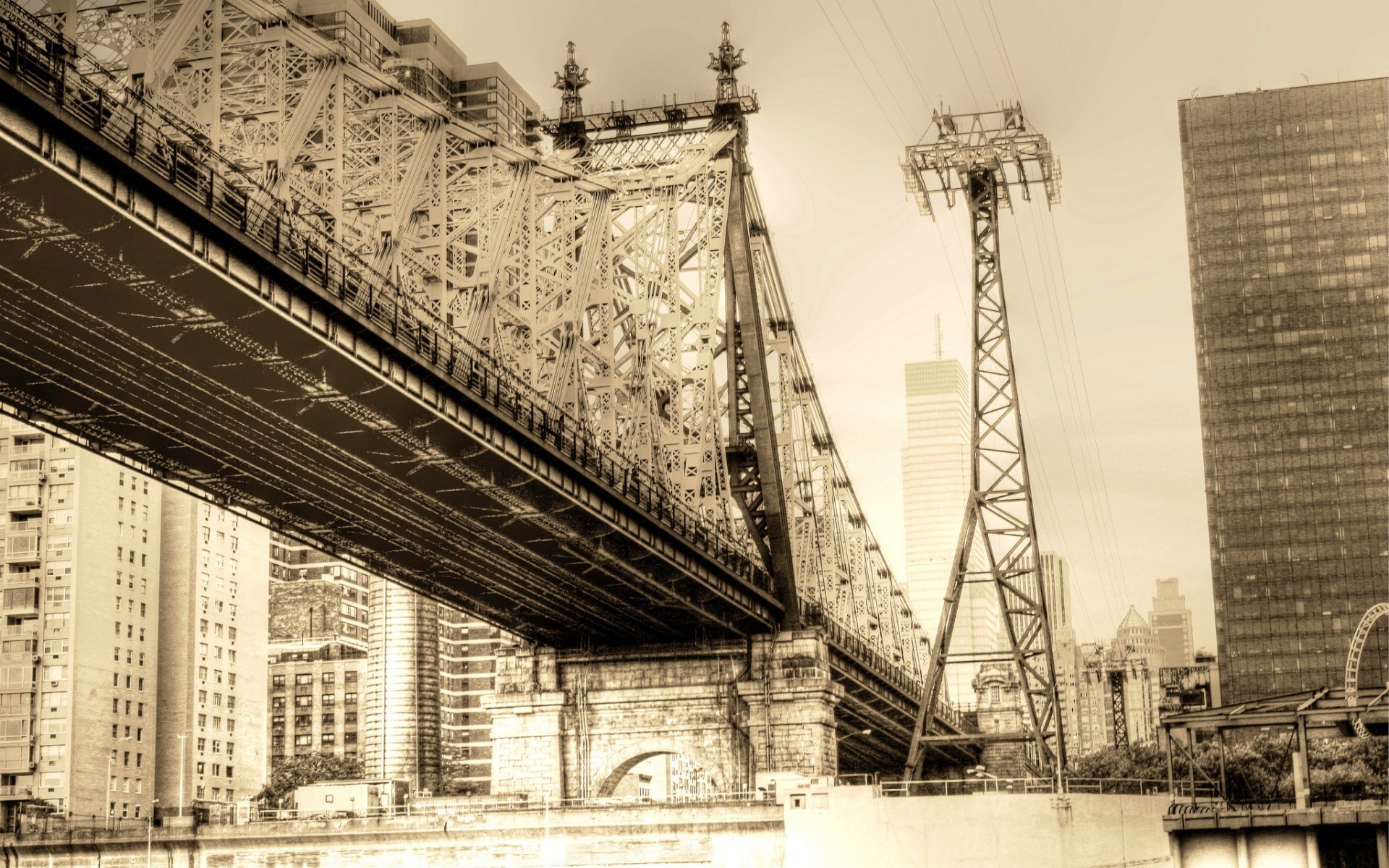 General 1920x1200 cityscape bridge building vintage sepia New York City USA