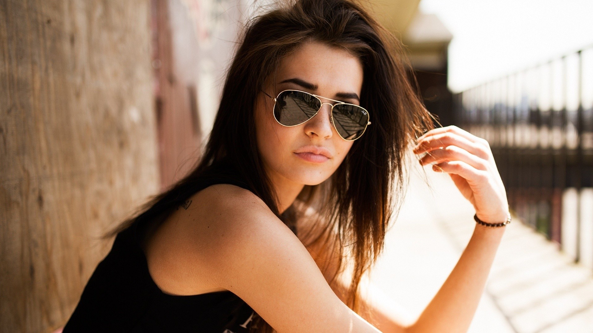 People 1920x1080 women glasses model women with glasses brunette black top women outdoors women with shades sunglasses looking at viewer Ray-Ban Aviators Ray-Ban