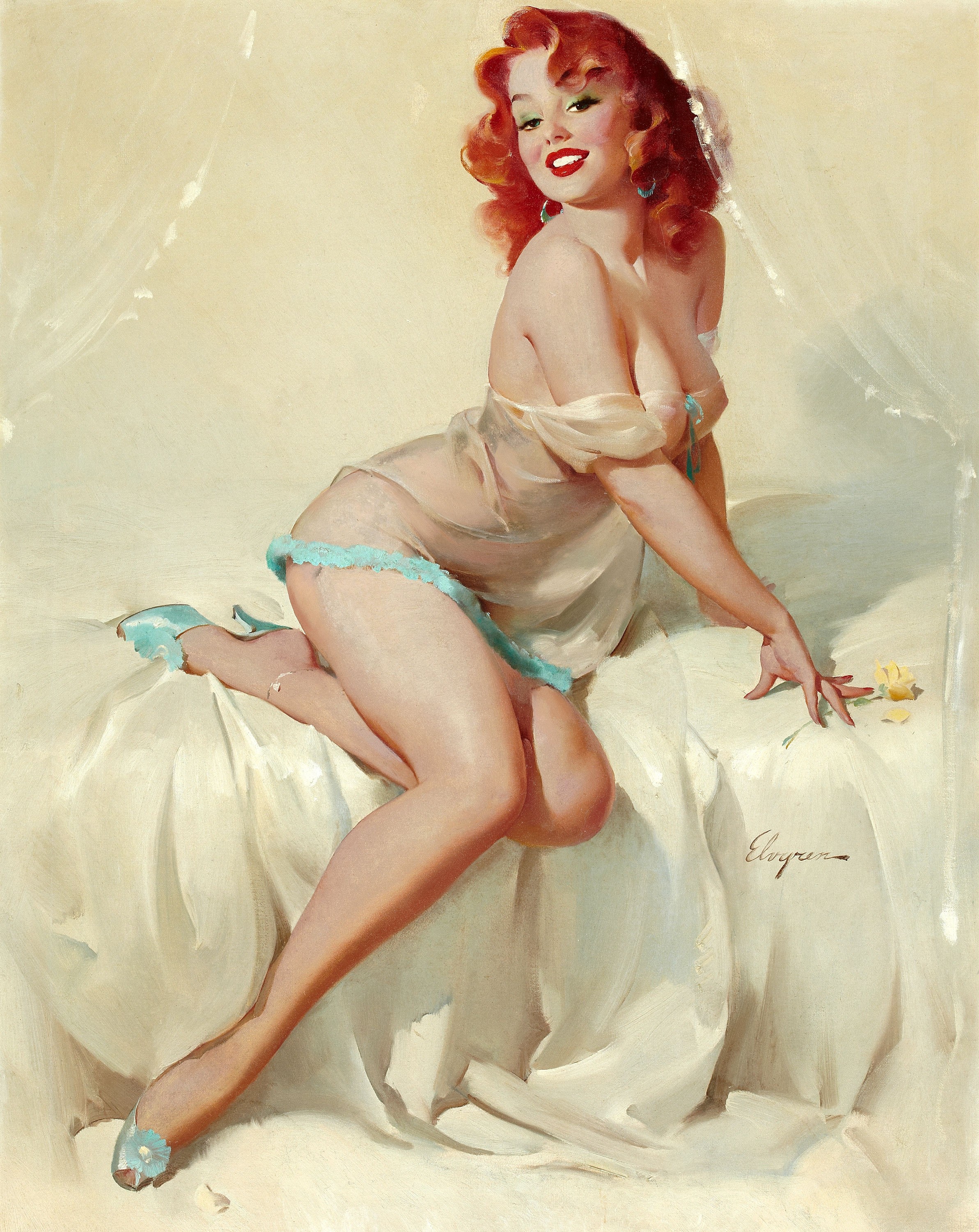 General 2385x3000 redhead drawing traditional art simple background women artwork pinup models legs smiling looking at viewer heels red lipstick Gil Elvgren