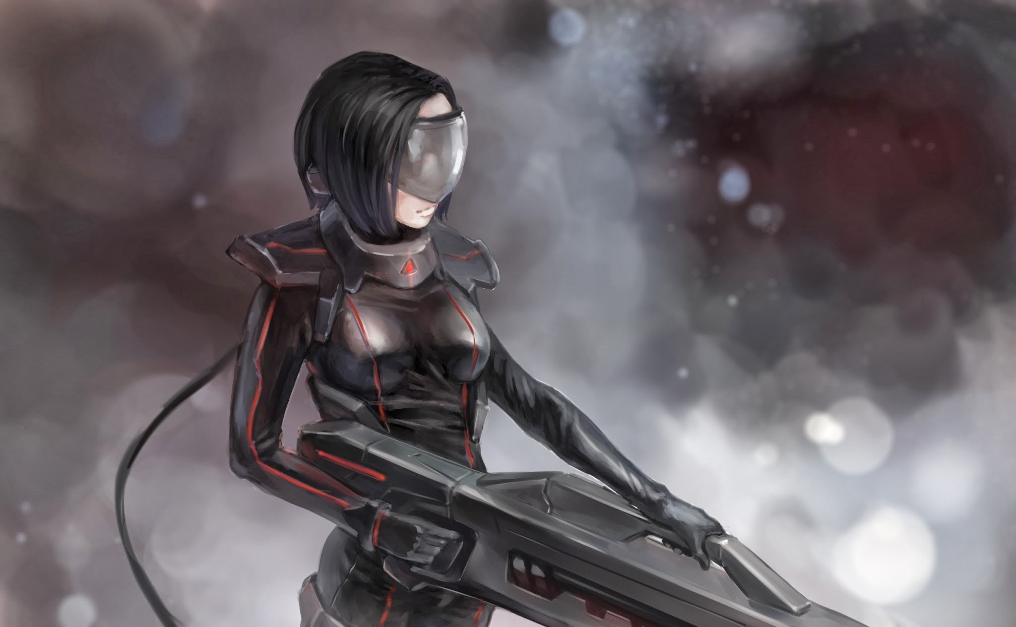 General 2048x1264 cyberpunk science fiction women girls with guns dark hair weapon science fiction women