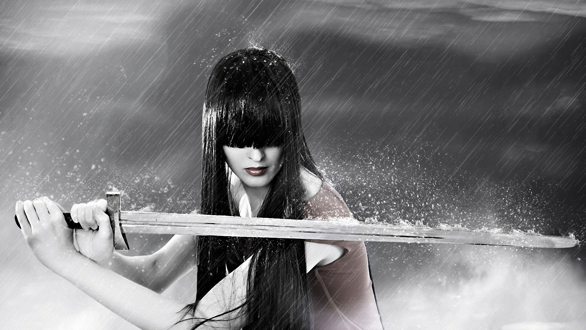 General 1920x1080 model women selective coloring fantasy girl long hair sword rain warrior fantasy art digital art women with swords