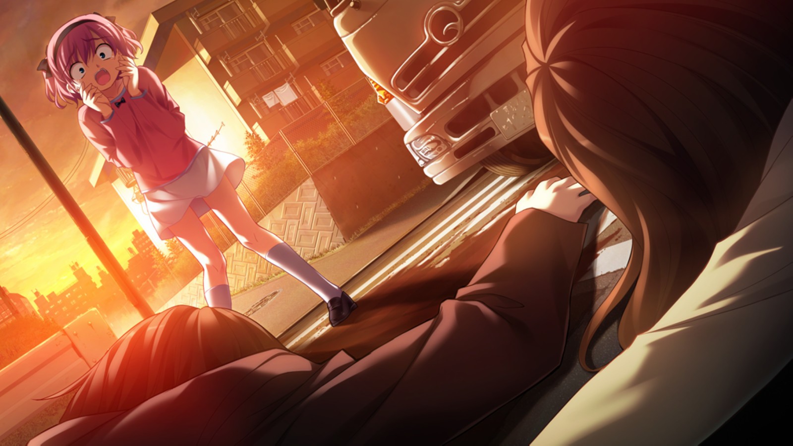 Anime 1600x900 anime girls anime Grisaia no Kajitsu visual novel street truck accidents death sunlight corpse blood