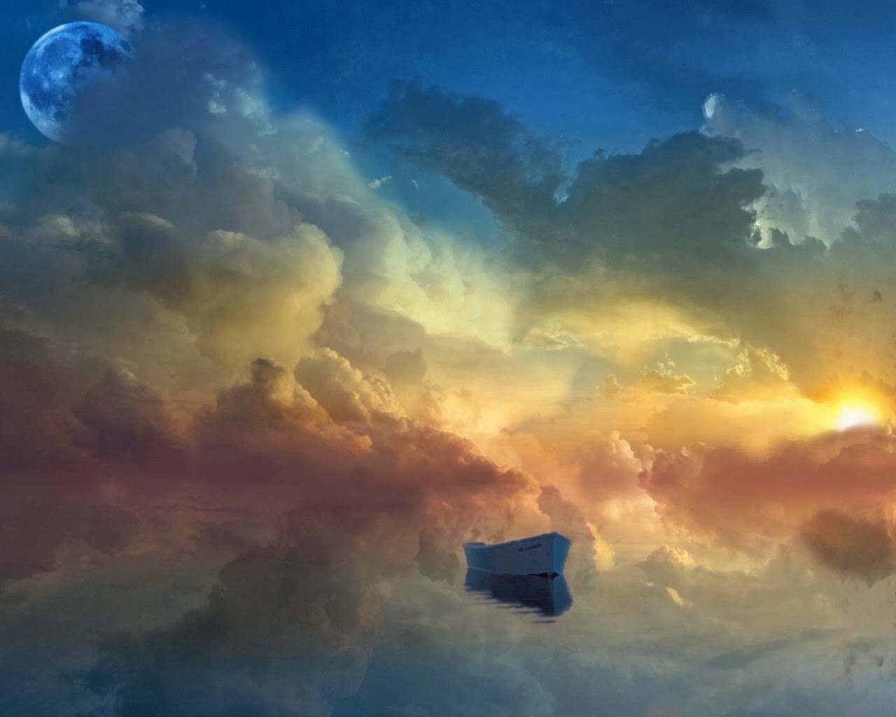 General 1280x1024 rowboat Moon artwork boat sky clouds vehicle sunlight