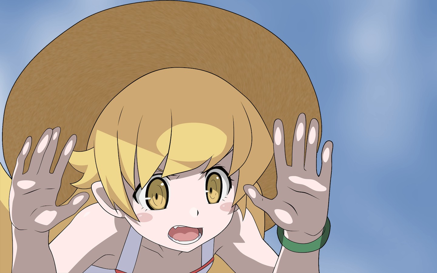 Anime 1440x900 Monogatari Series Oshino Shinobu anime vectors blonde anime girls anime yellow eyes hat women with hats blue background simple background hands on glass face open mouth