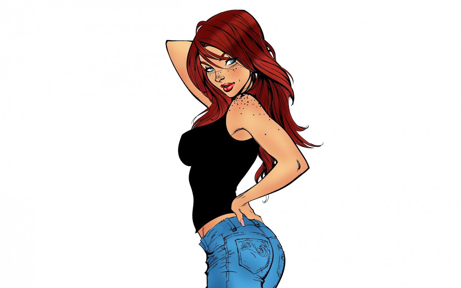 General 1600x1000 cartoon redhead jeans tank top freckles Mary Jane Watson aqua eyes Spider-Man red lipstick simple background white background looking at viewer arms up long hair women
