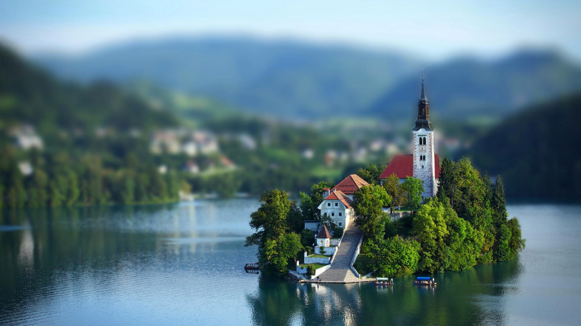 General 1920x1080 blurred church tilt shift Lake Bled island Slovenia