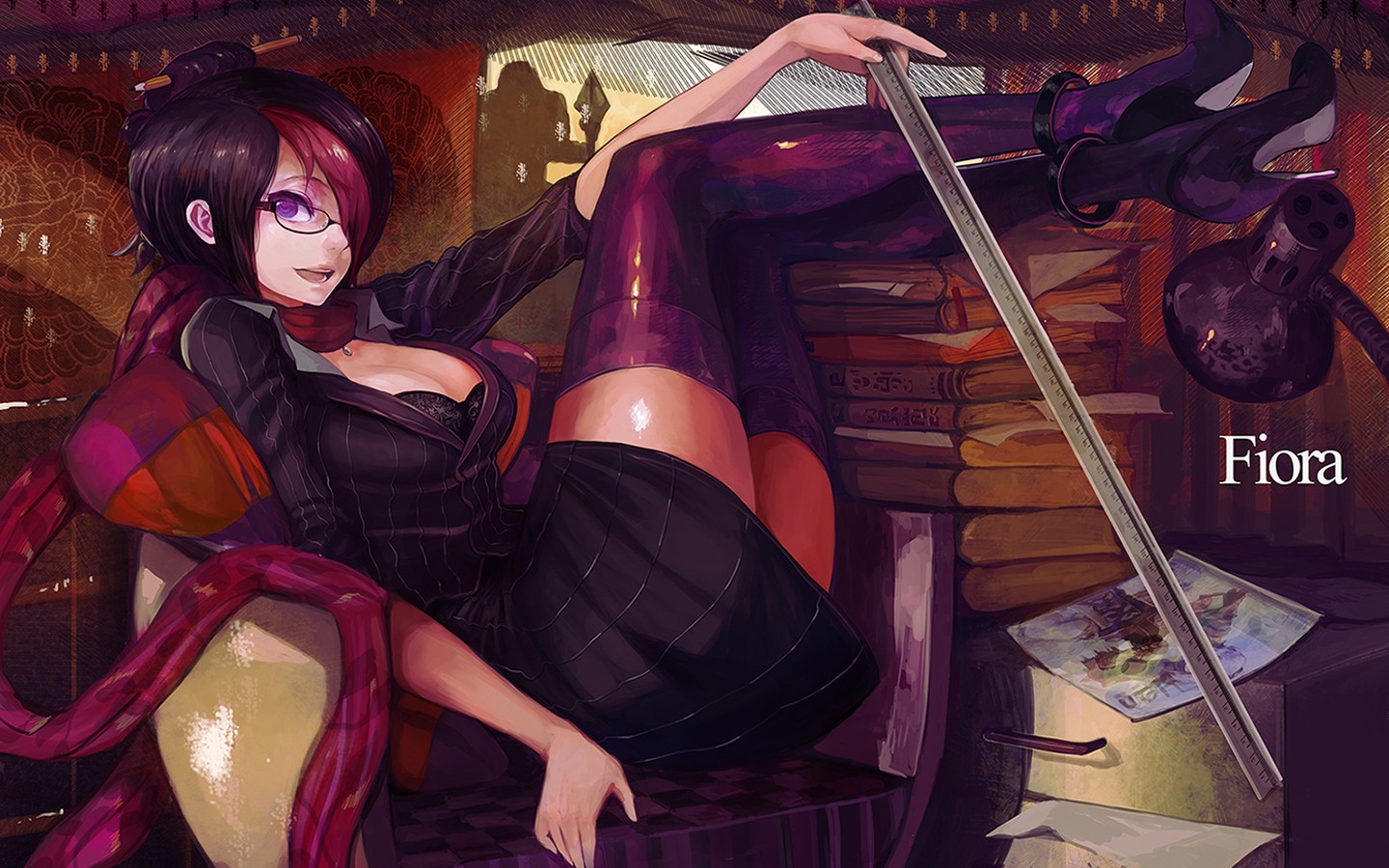Anime 1440x900 League of Legends video games women knee-highs anime girls anime legs up legs together stockings heels purple eyes women with glasses legs video game art video game girls Fiora (League of Legends)