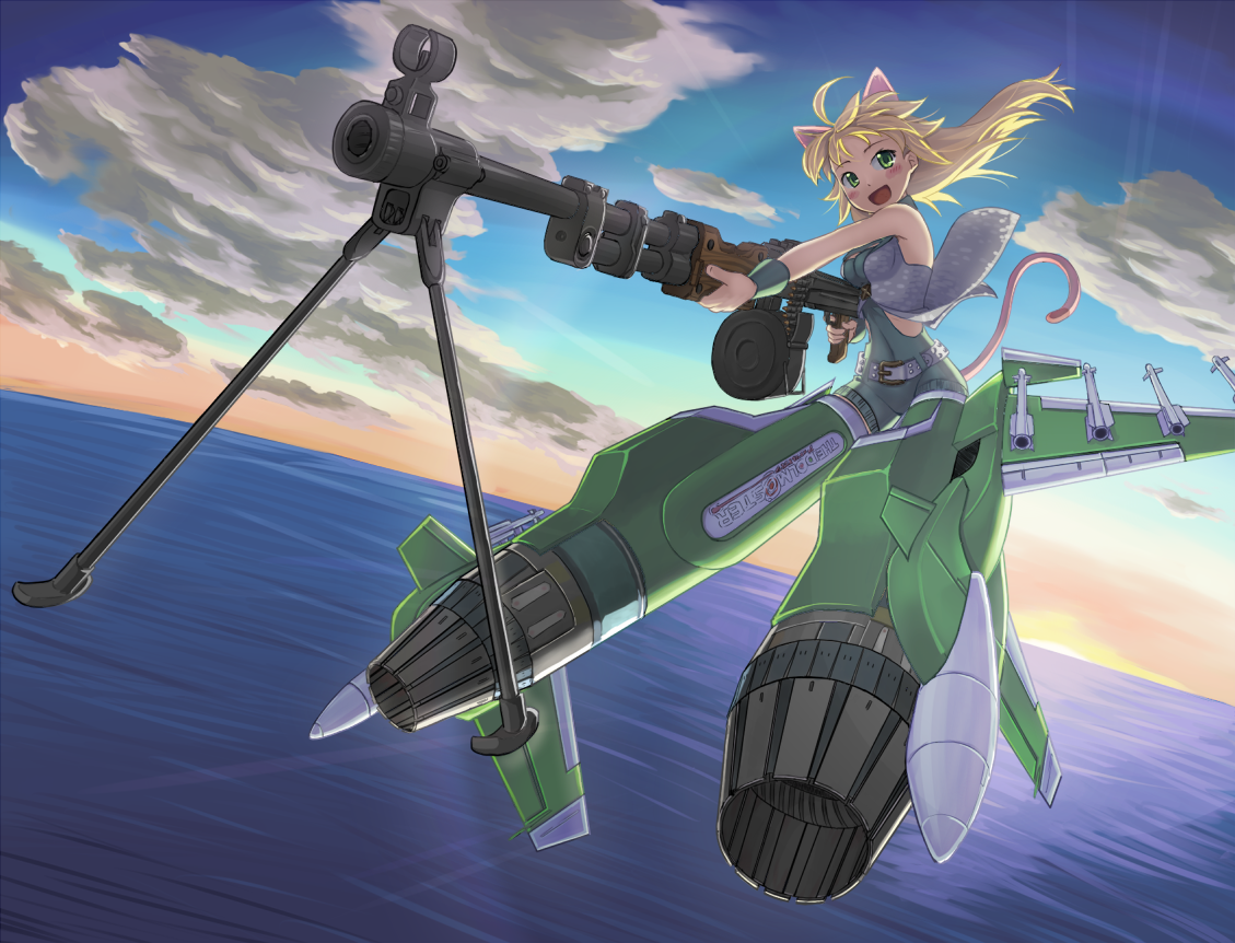 Anime 1129x862 jet fighter Strike Witches THE iDOLM@STER horizon sea clouds anime girls anime blonde green eyes open mouth weapon girls with guns sky