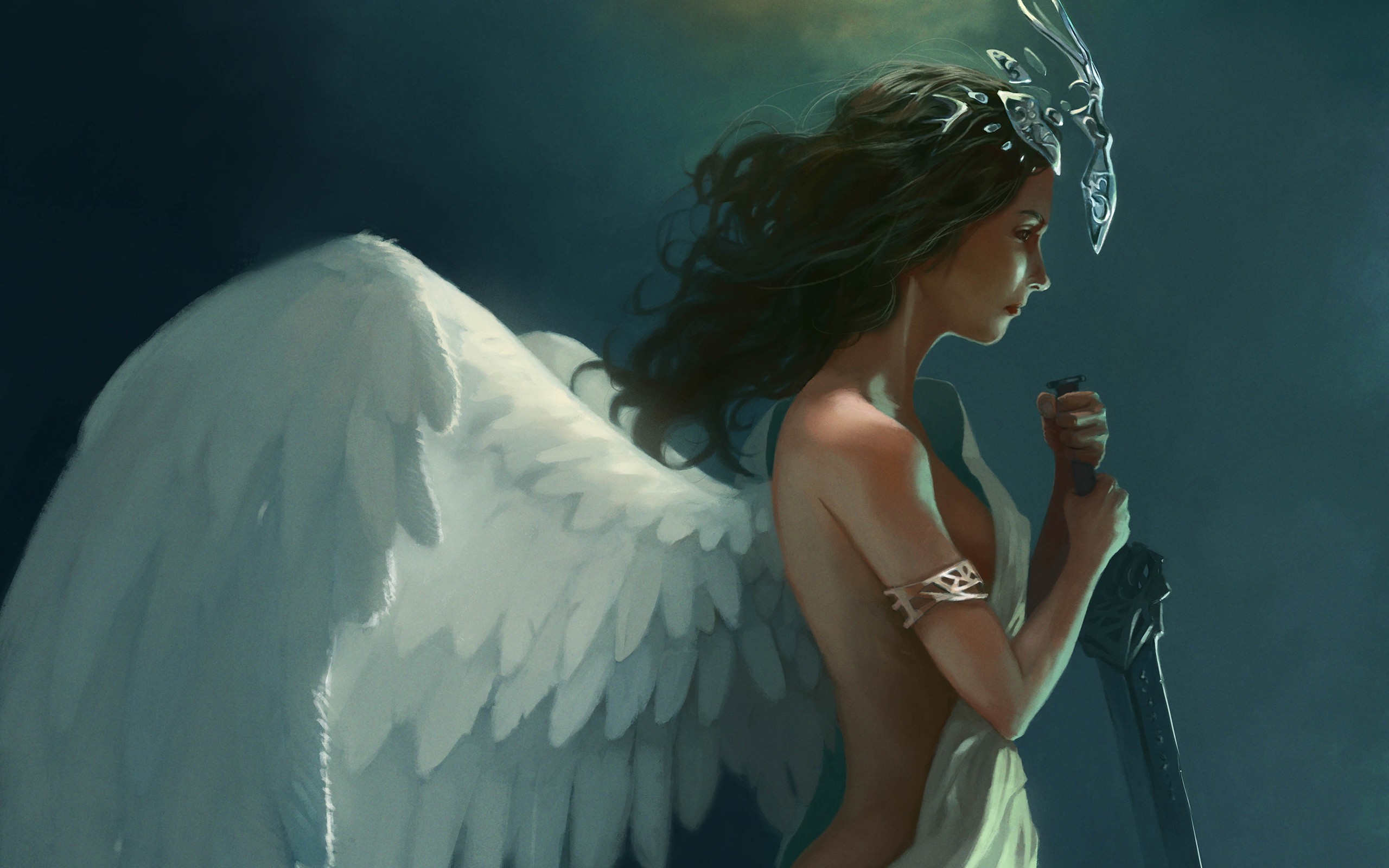 General 2560x1600 sword wings women artwork angel angel wings fantasy art fantasy girl brunette long hair women with swords