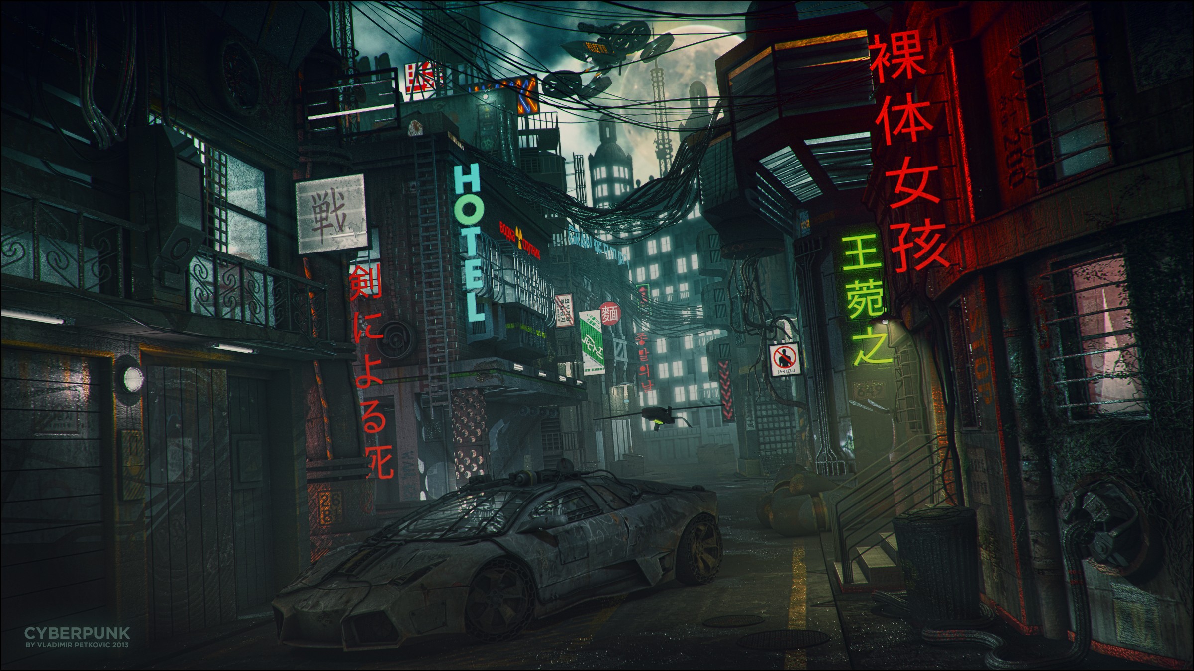 General 2400x1350 neon science fiction car vehicle cyberpunk DeviantArt artwork futuristic city