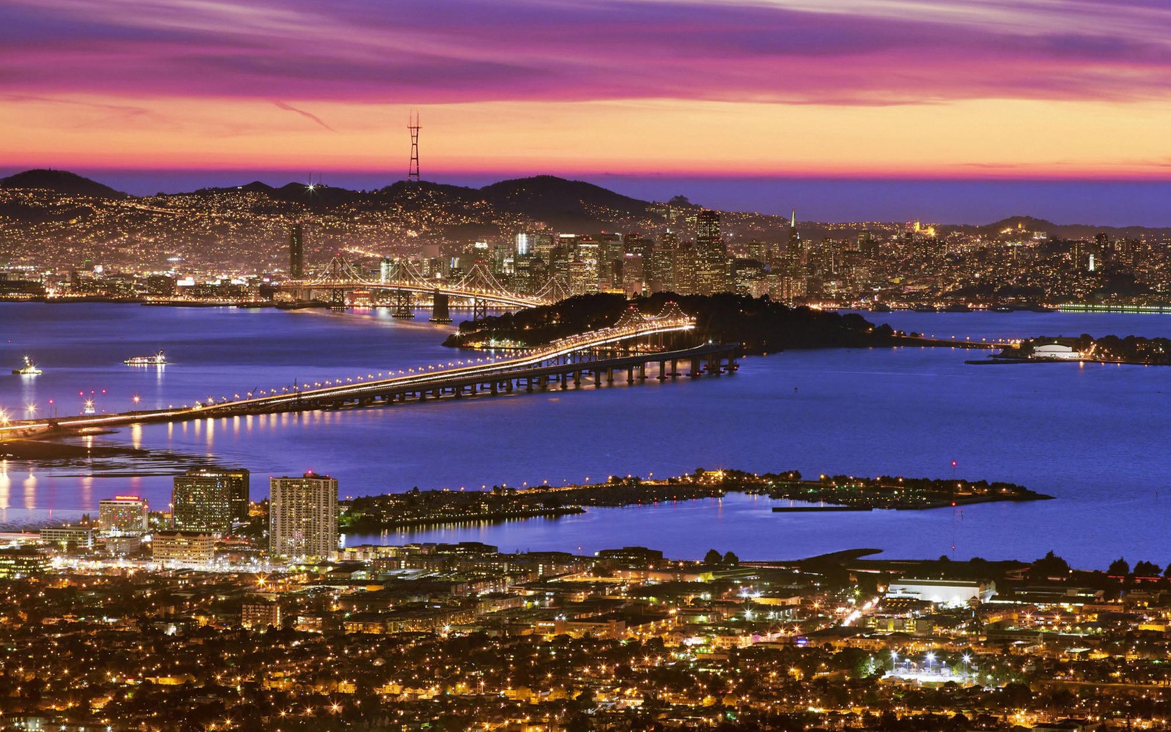 General 1680x1050 sea water San Francisco California bridge lights sunset cityscape USA city lights