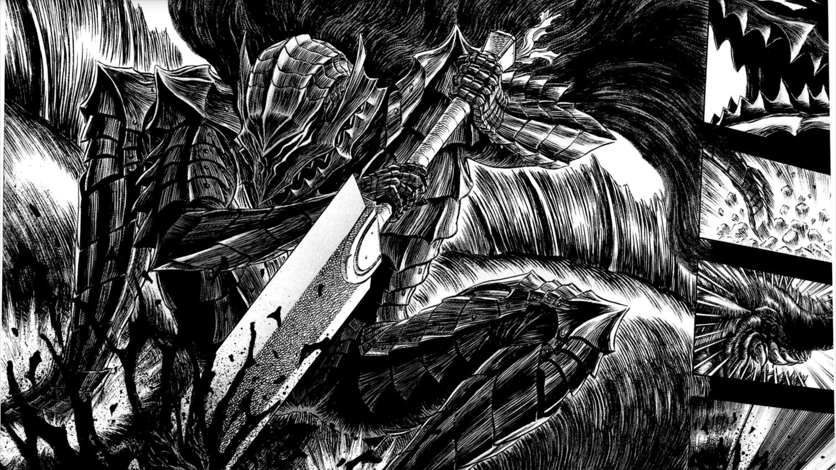 Anime 1698x955 manga Guts anime blood sword fantasy art