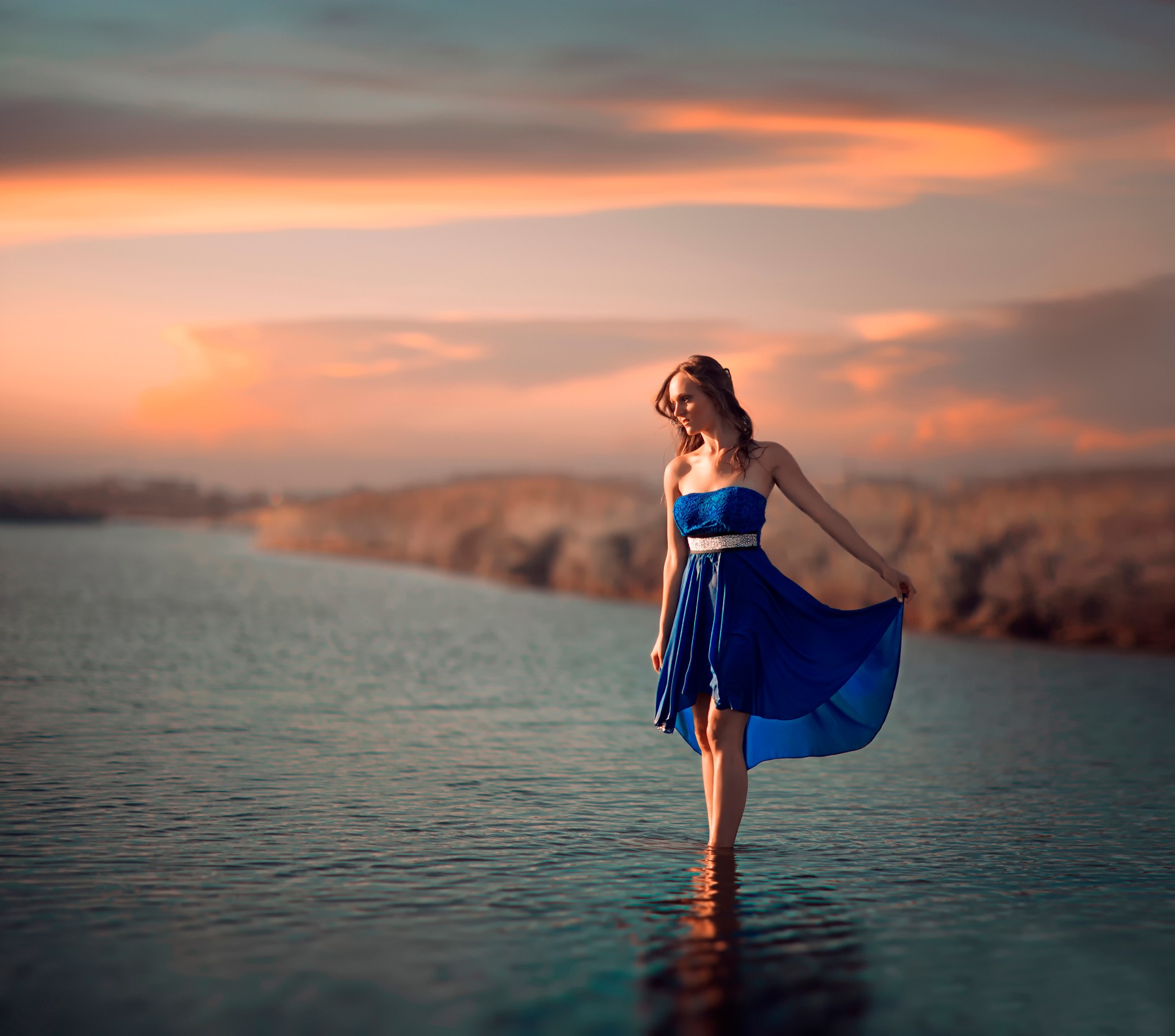 People 2048x1806 women outdoors model dress river in water water blue clothing nature looking into the distance women