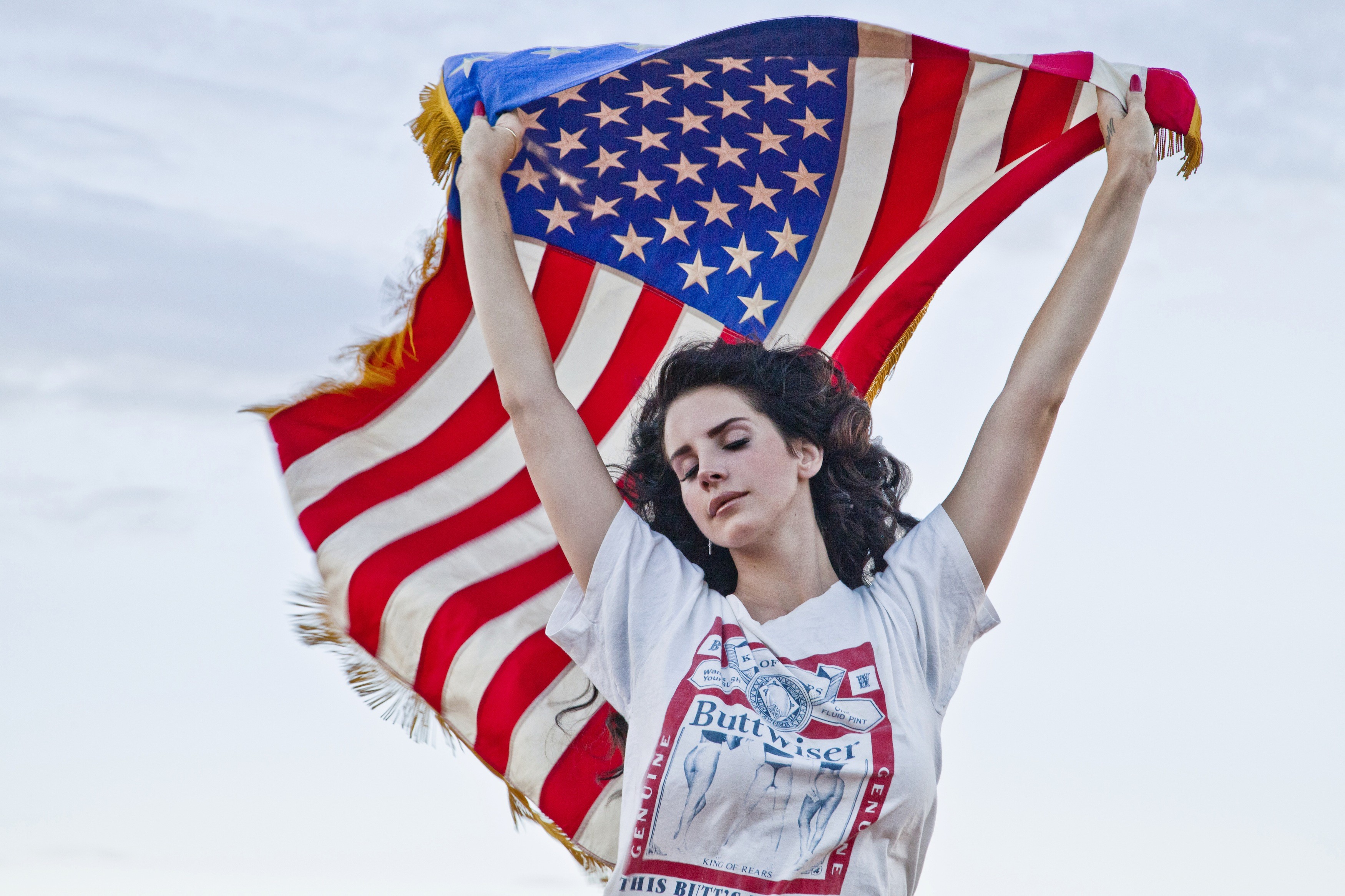 People 3500x2333 Lana Del Rey flag closed eyes women T-shirt white tops American flag dark hair celebrity