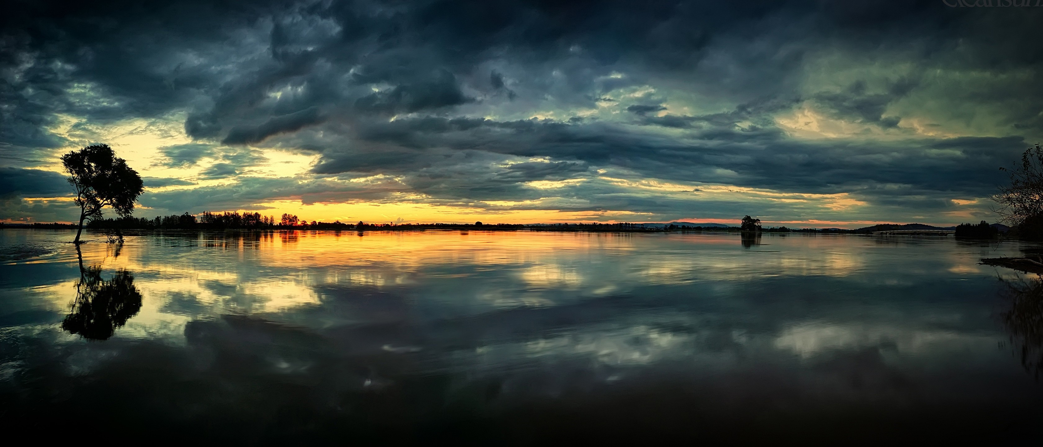 General 3360x1440 nature reflection clouds water trees landscape dark sky