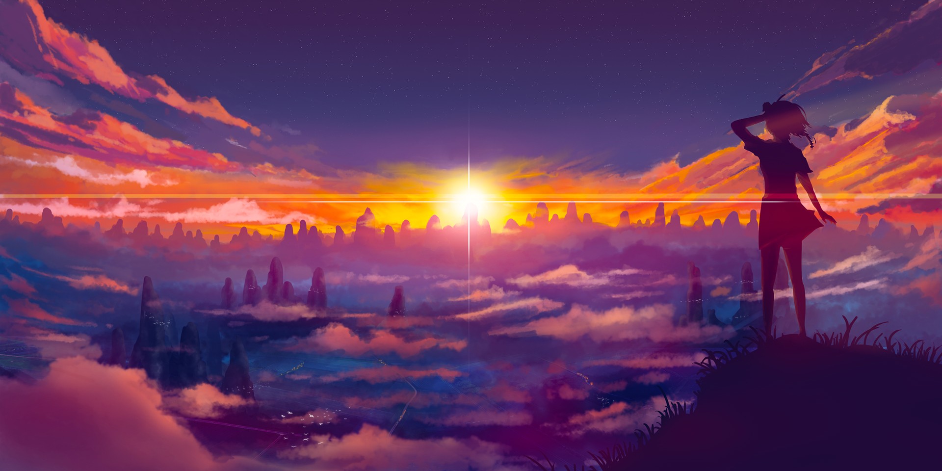 Anime 1920x960 sunset landscape anime girls DeviantArt sky anime Sun clouds standing women outdoors silhouette sunset glow