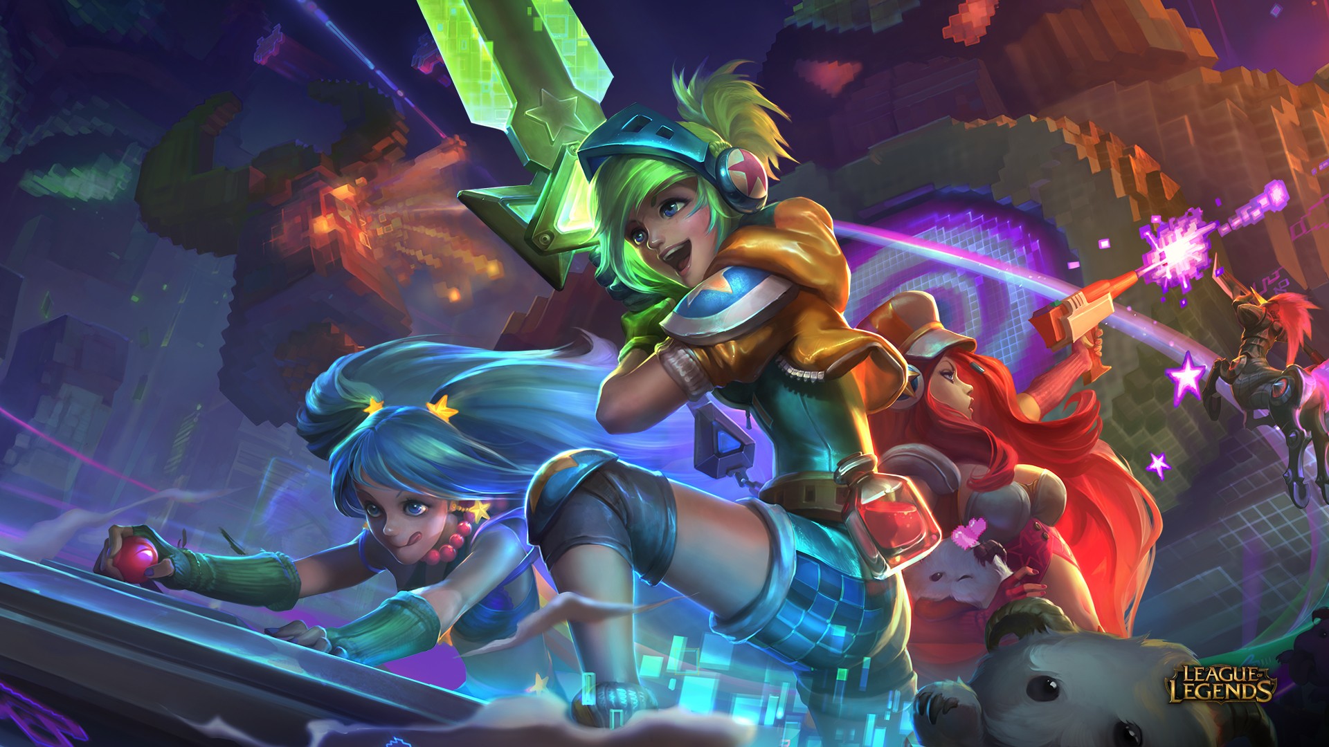 General 1920x1080 League of Legends arcade  Miss Fortune (League of Legends) Sona (League of Legends) Blitzcrank (League of Legends) Riven (League of Legends) PC gaming women trio video game girls video game characters
