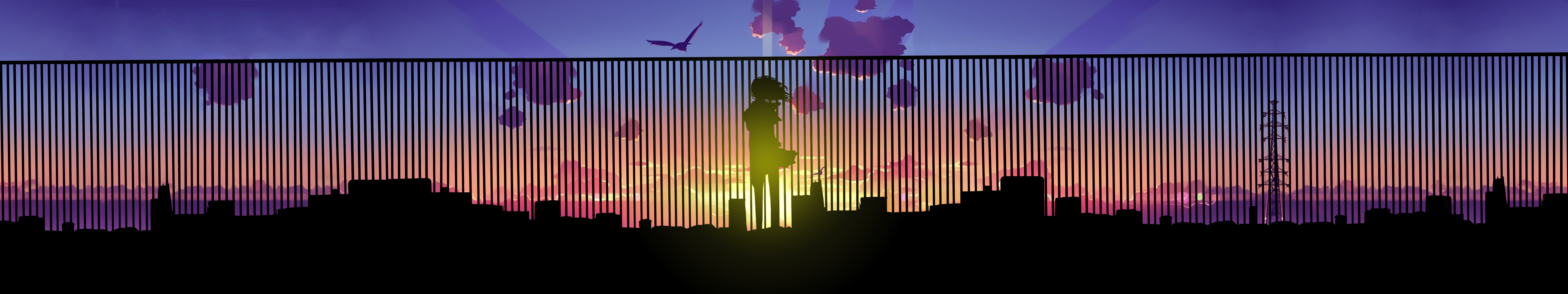 Anime 5760x1080 anime city sunset horizon multiple display triple screen sunlight fence sky birds