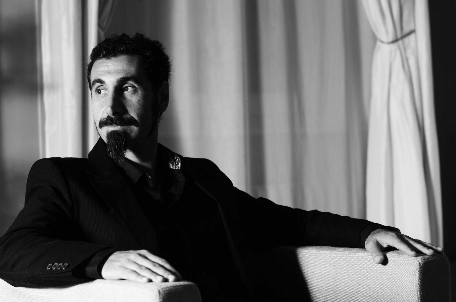 People 1600x1062 men musician monochrome singer sitting System of a Down beard suits looking away curtains music