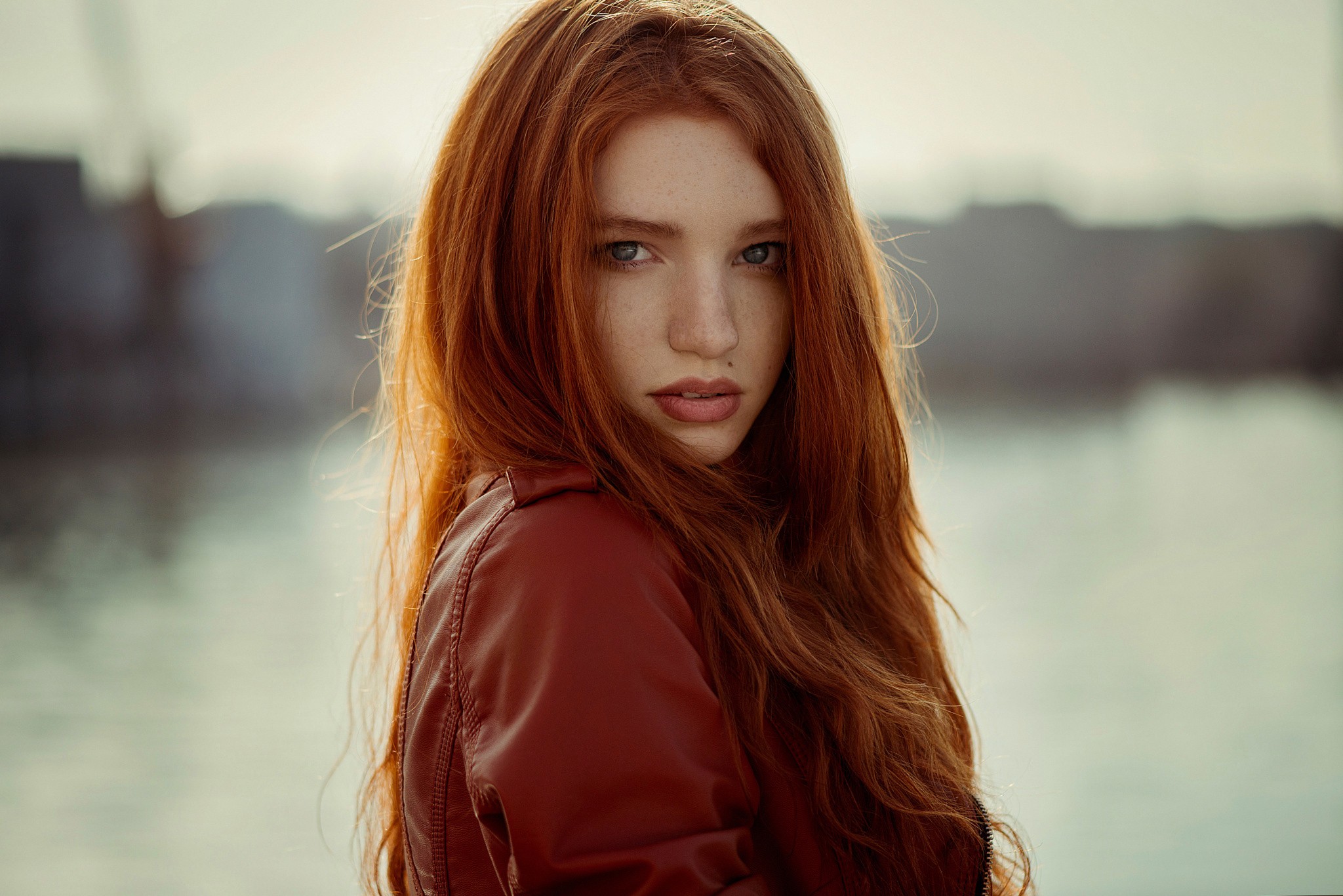 Redhead Women Model Long Hair Women Outdoors Looking At Viewer Face Portrait Red 